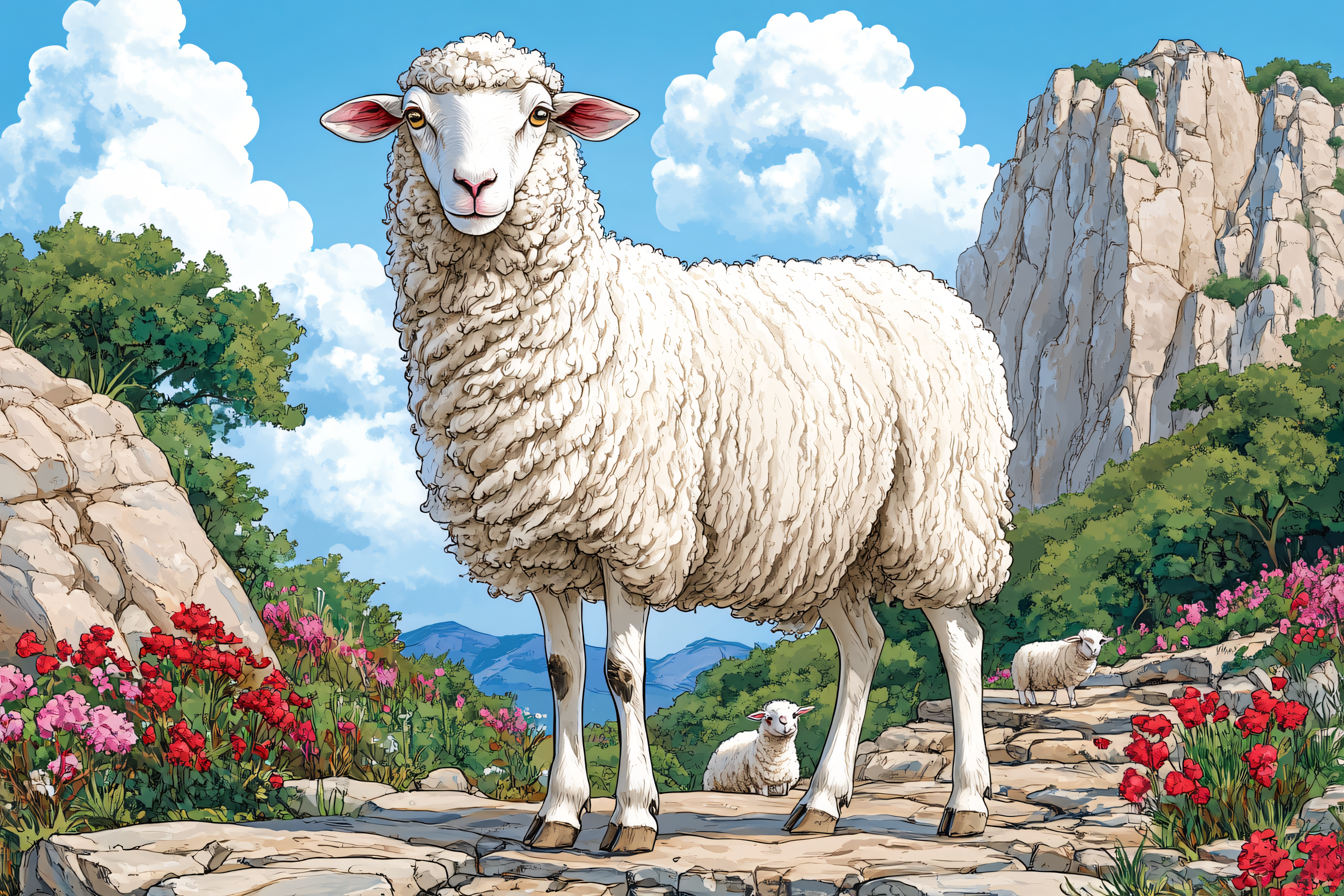 Sheep Family in Mountain Landscape