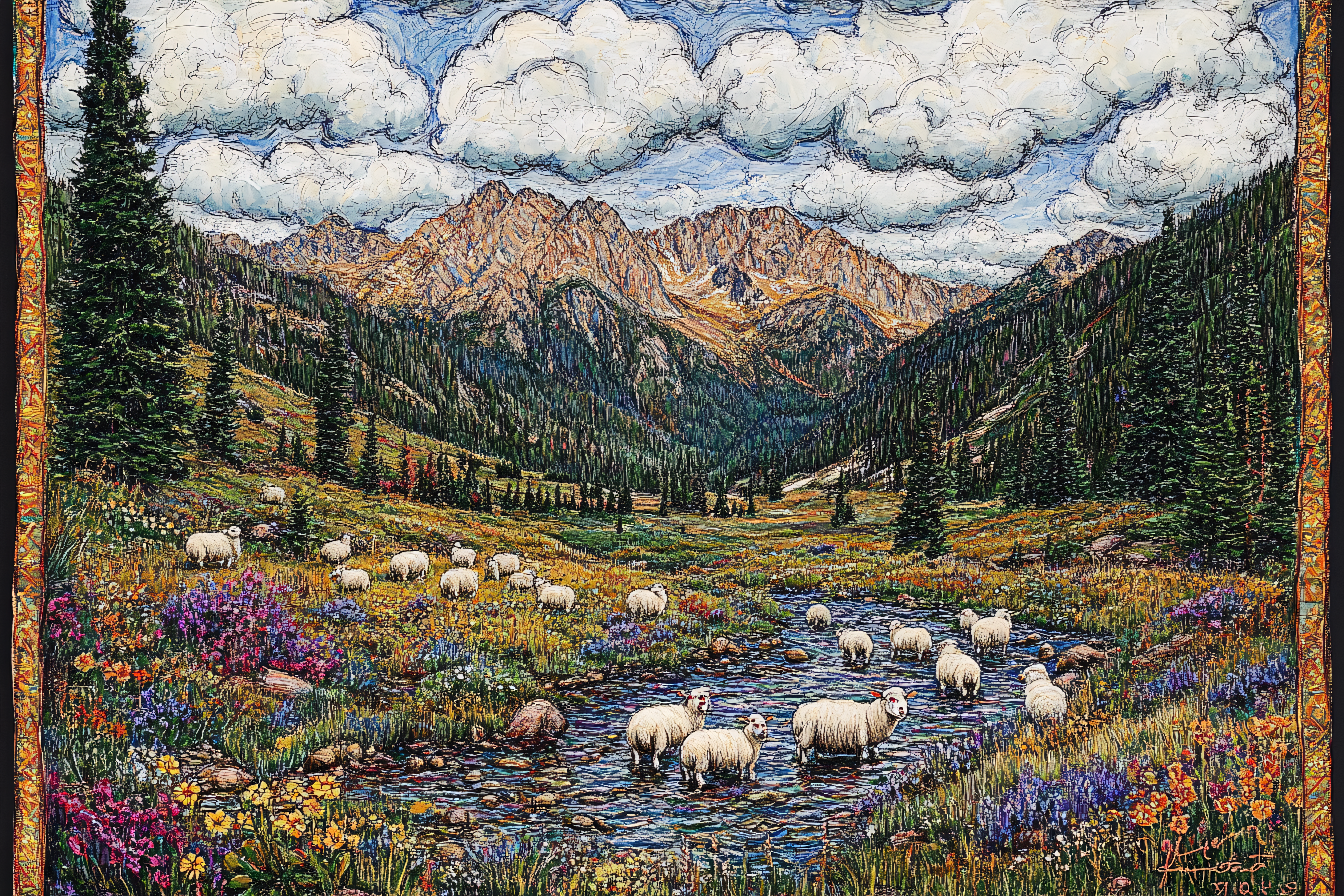 Sheep Grazing In Mountain Valley Painting