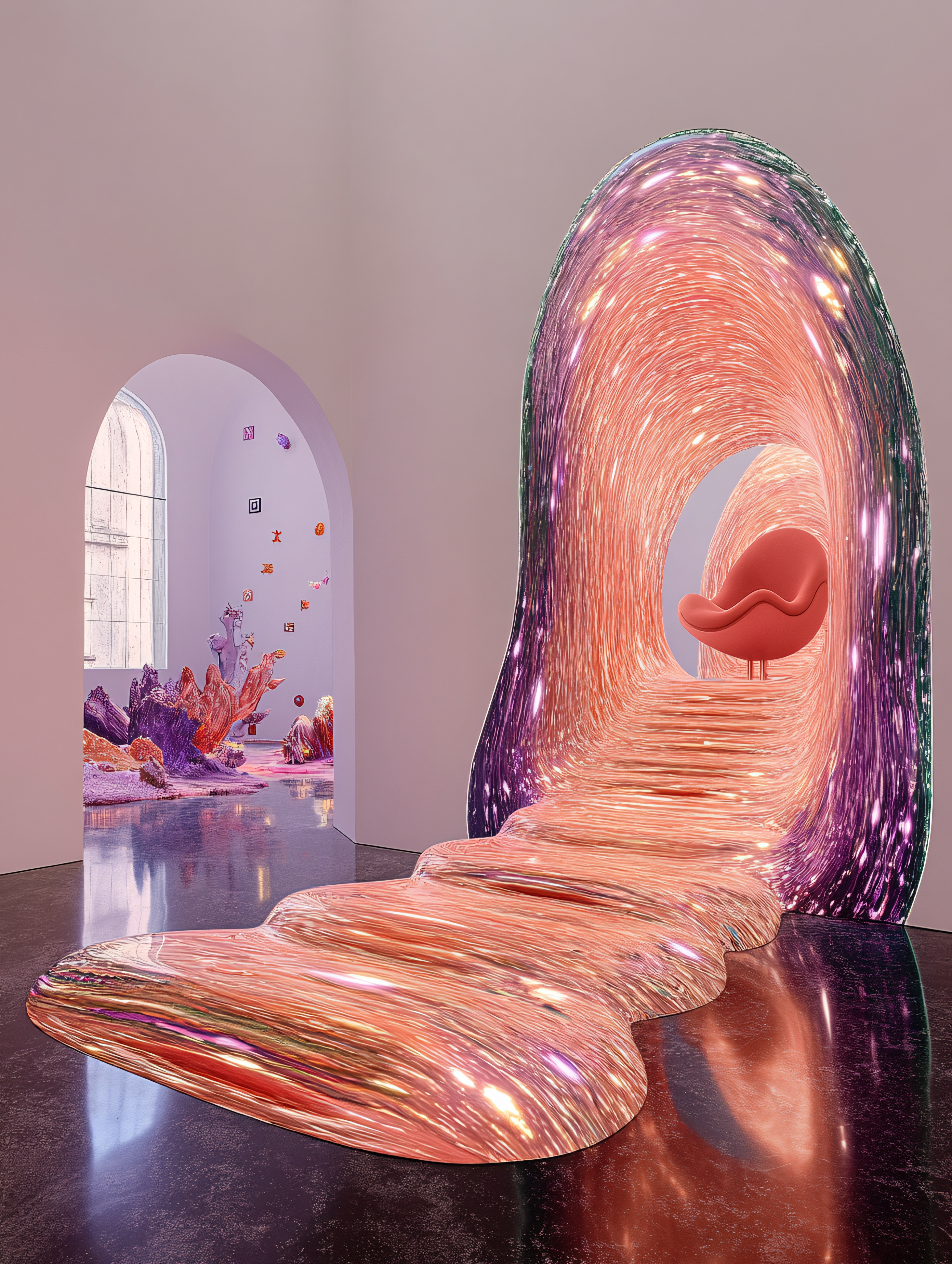 Shiny Wavy Doorway Leading To Red Chair