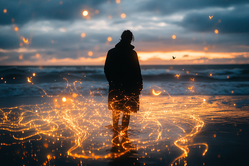 Silhouette at Sunset with Glowing Trails