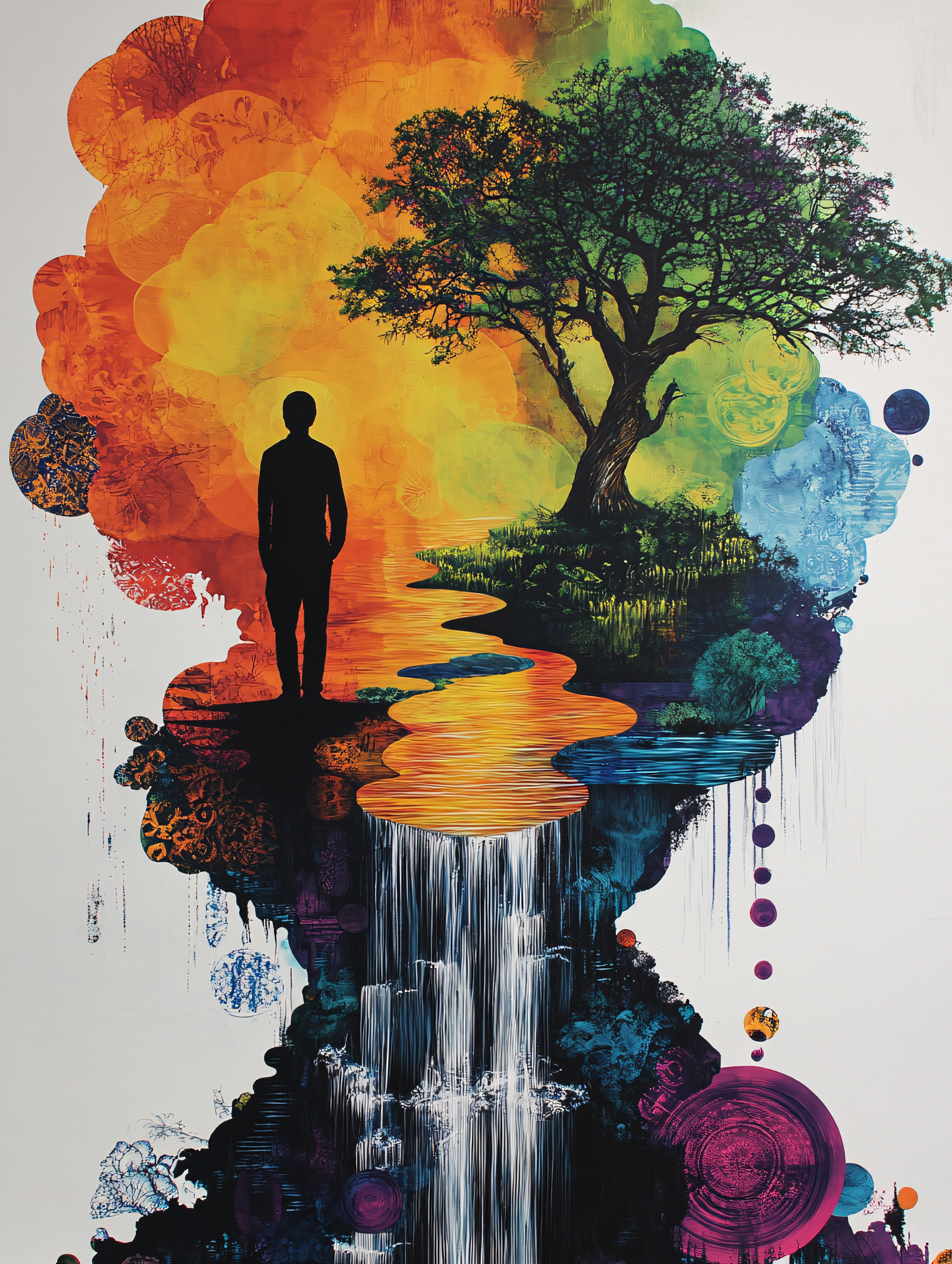 Silhouette Contemplating Abstract Nature Waterfall