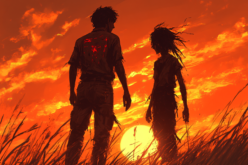 Silhouette Figures Against Fiery Sunset