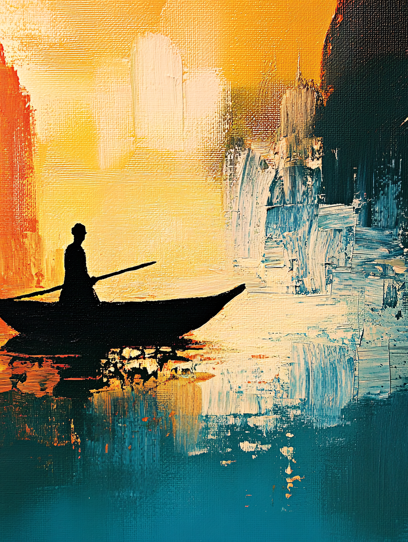 Silhouette of a Boatman in Abstract Setting