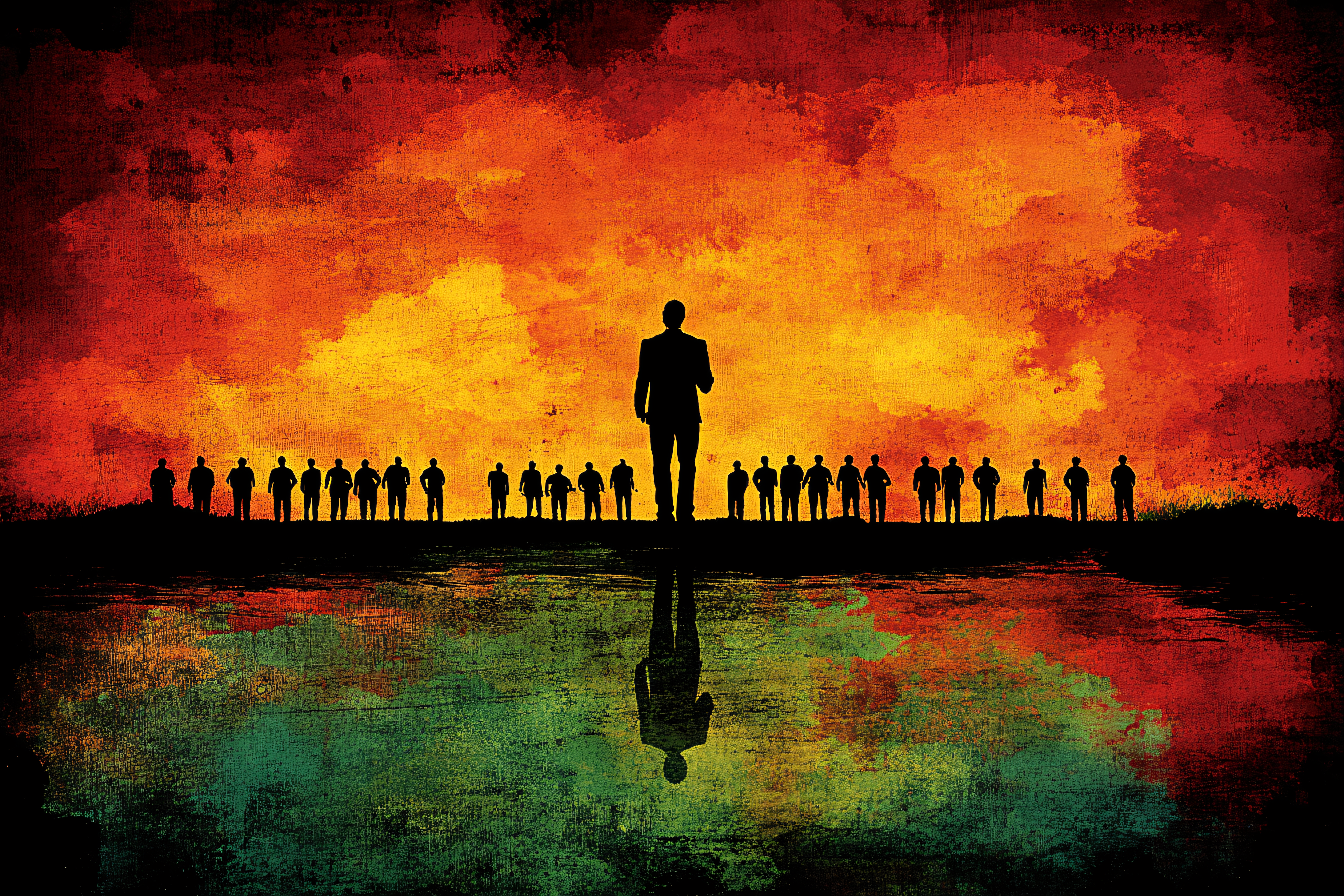 Silhouette Of A Man Standing Before A Crowd Against A Dramatic Sky