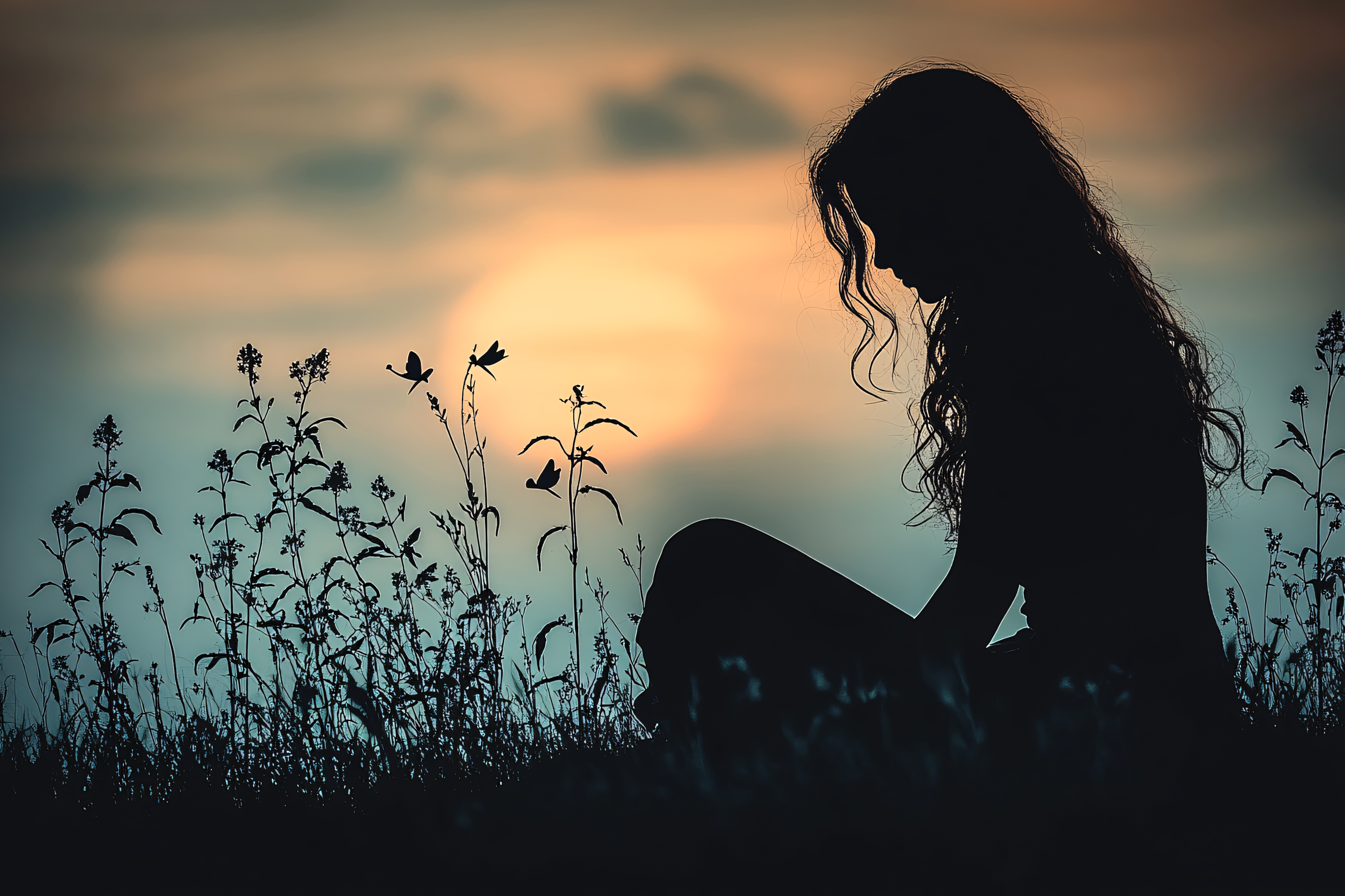 Silhouette of a Solitary Woman at Sunset