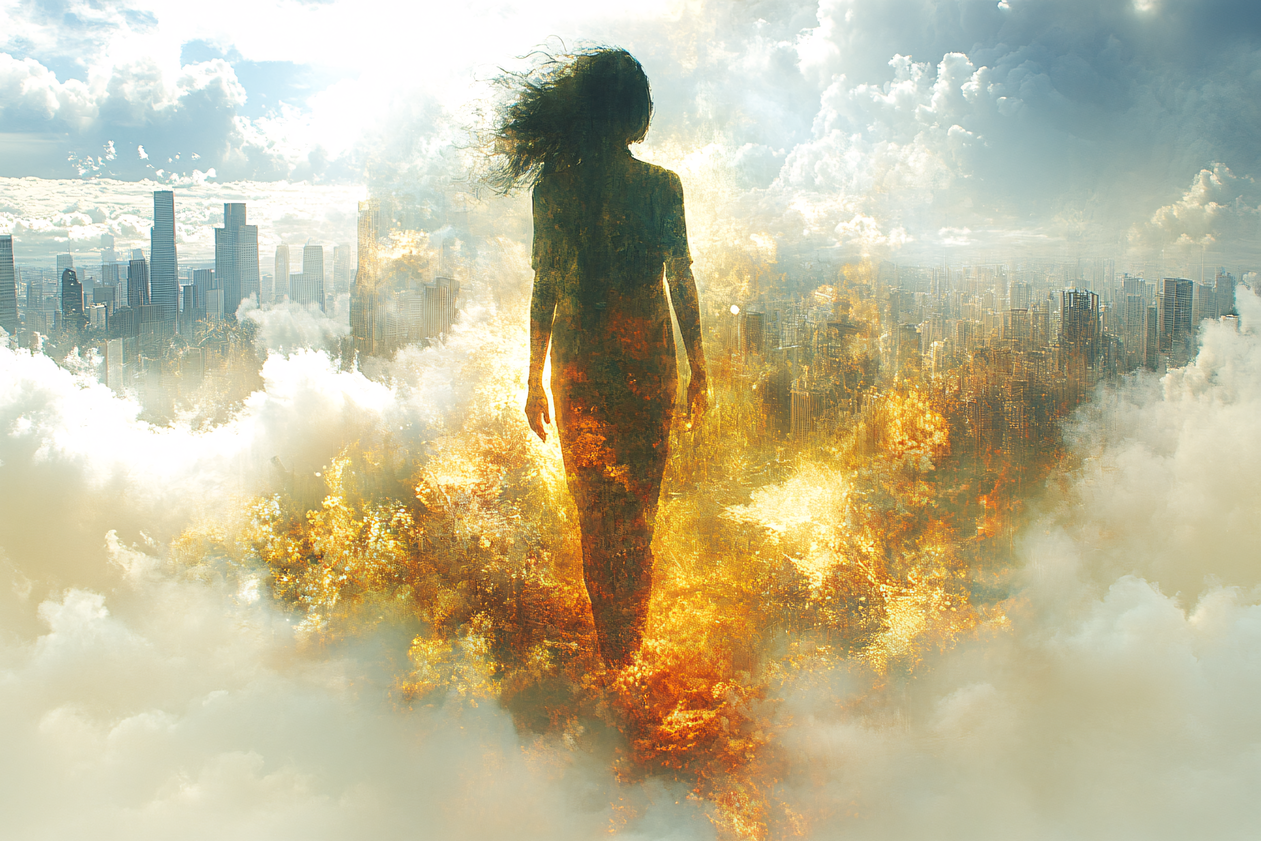 Silhouette of a Woman Above Burning City