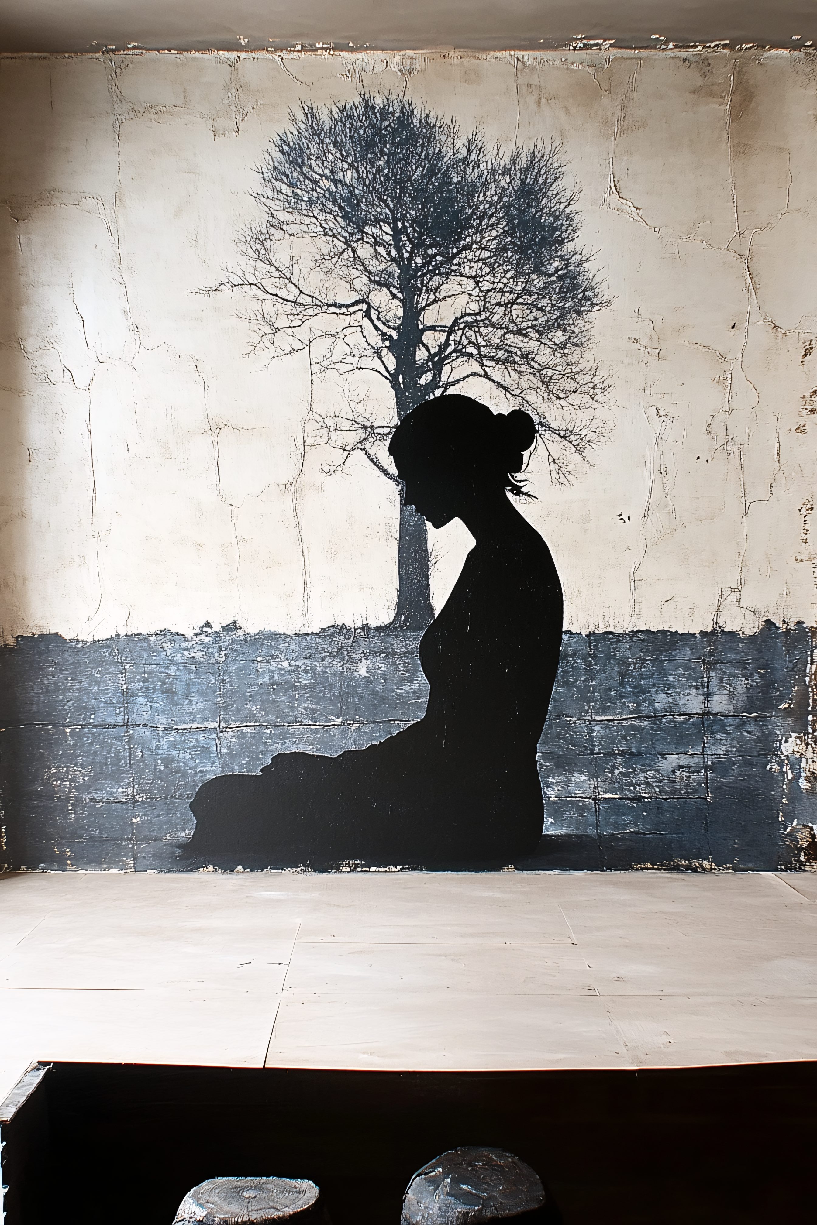 Silhouette Woman Meditating Under Tree Mural