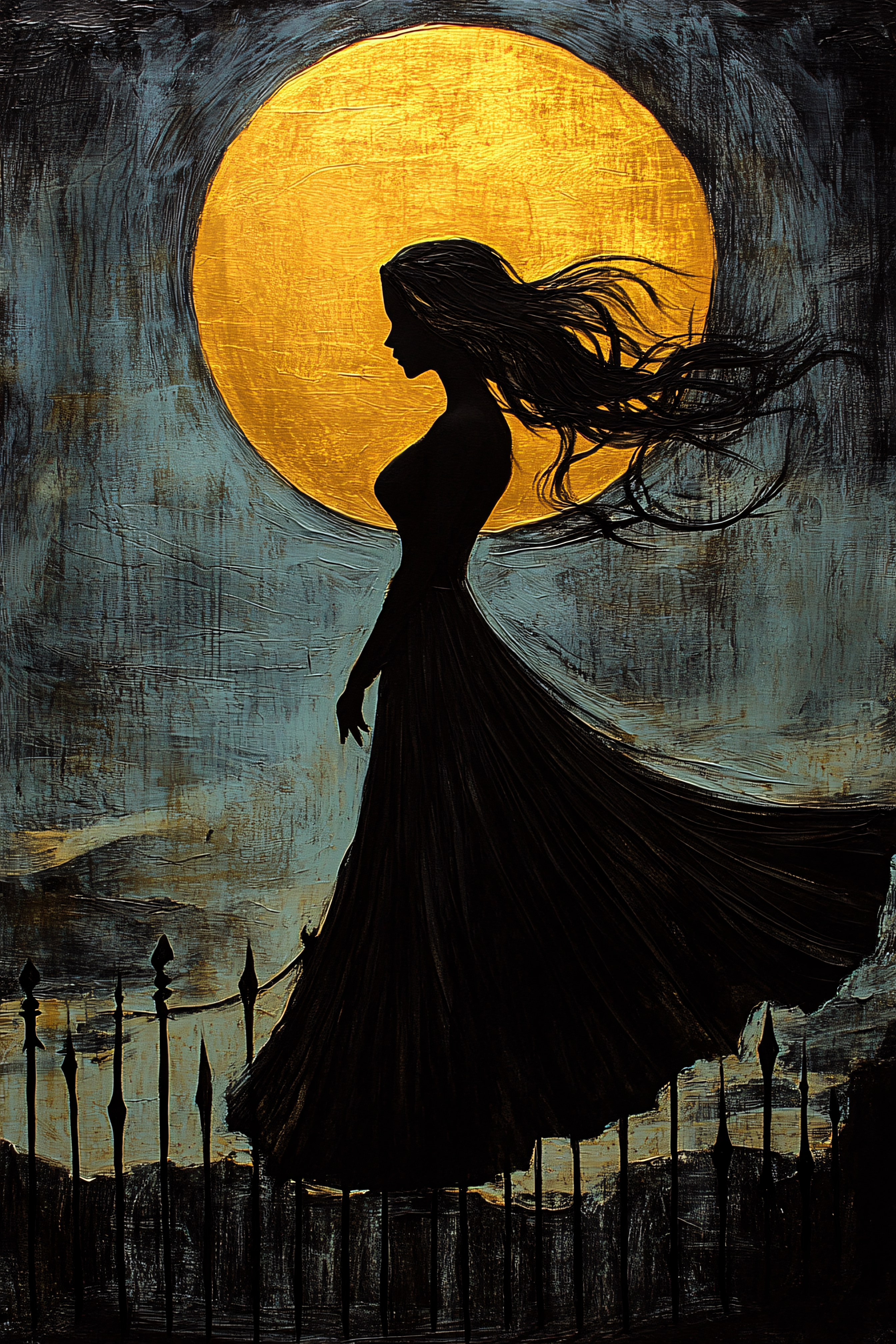 Silhouette Woman Under Golden Moon