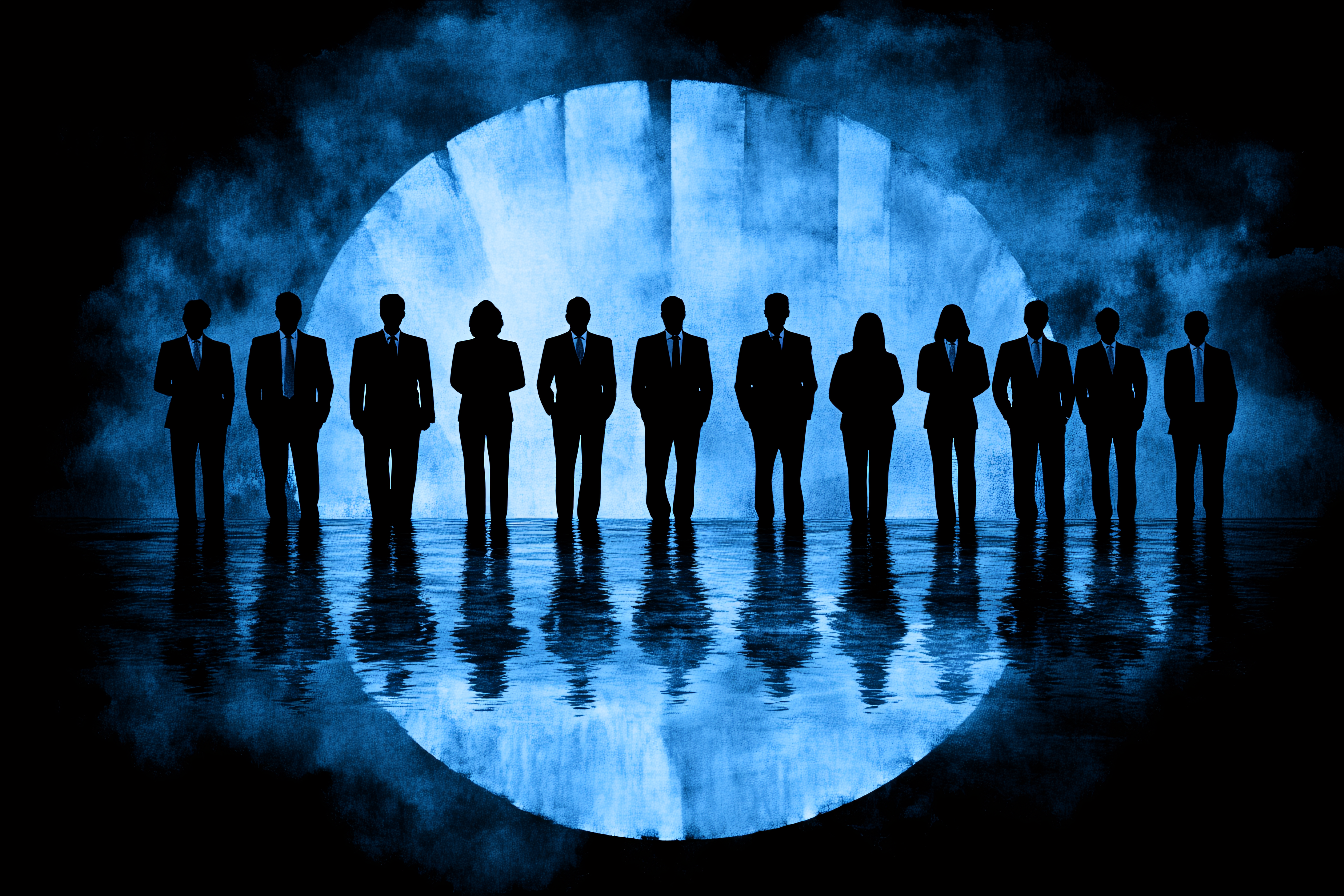 Silhouetted Business Team Reflecting in Water