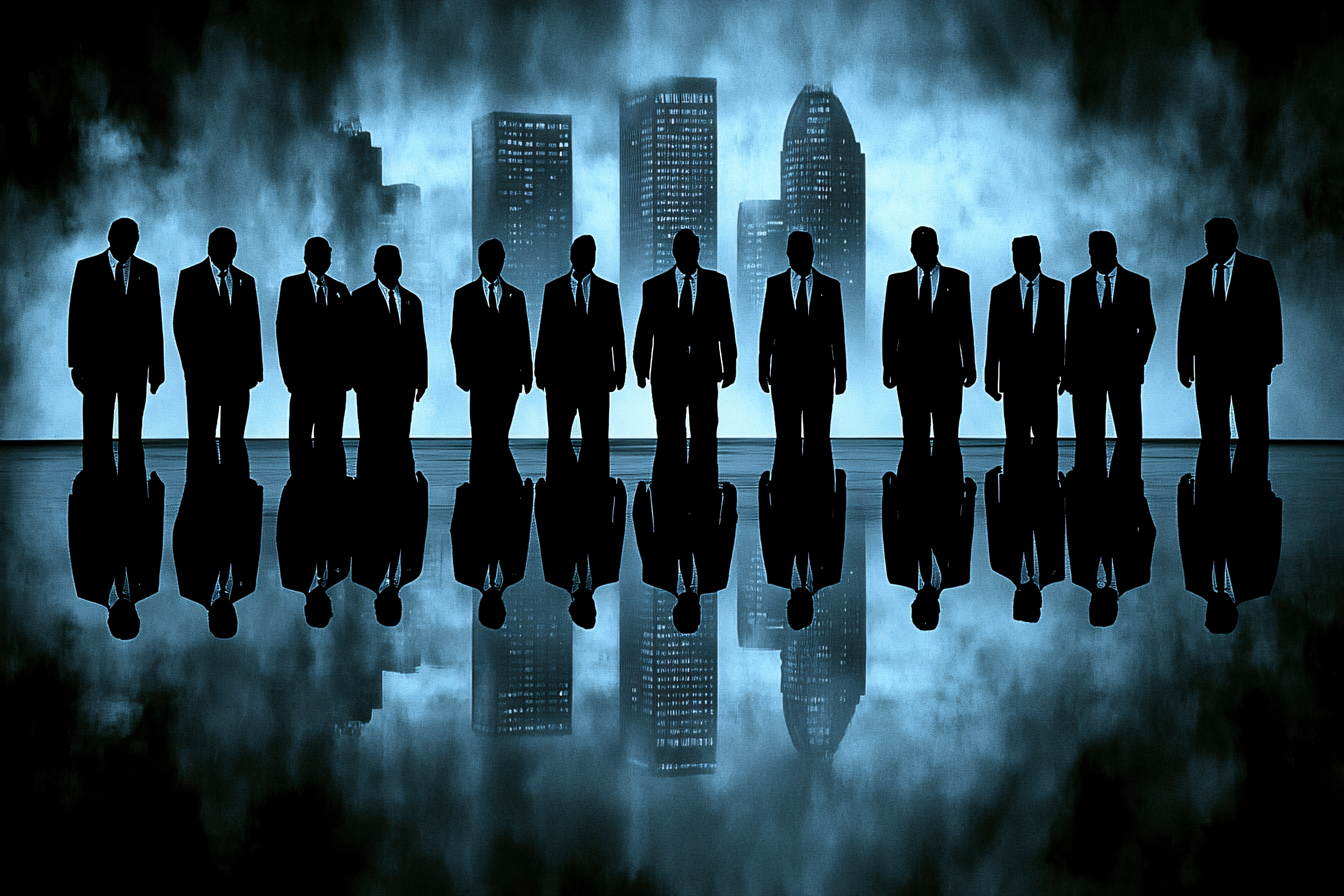 Silhouetted Businessmen Reflecting in Cityscape