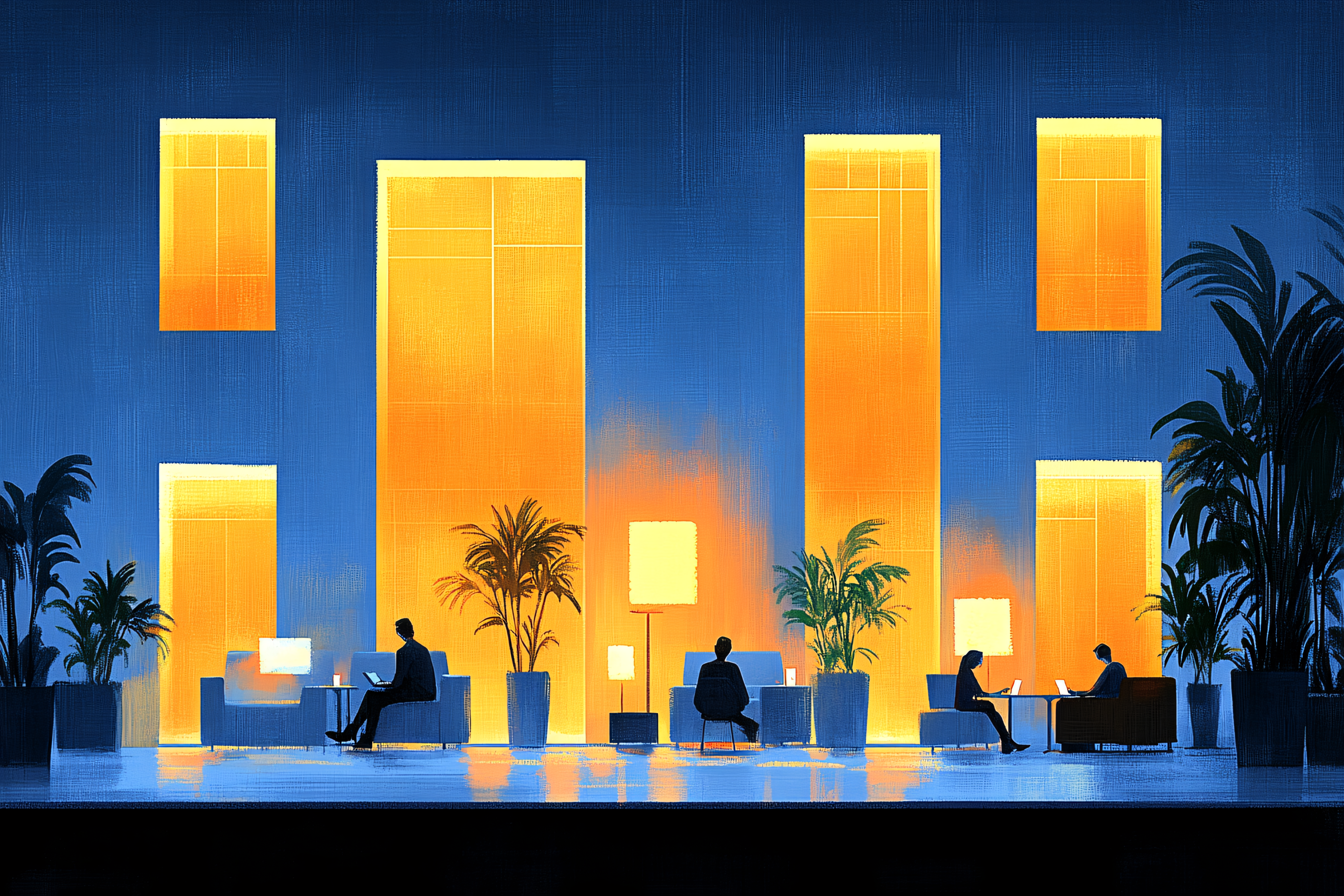 Silhouetted Figures In A Modern Lobby