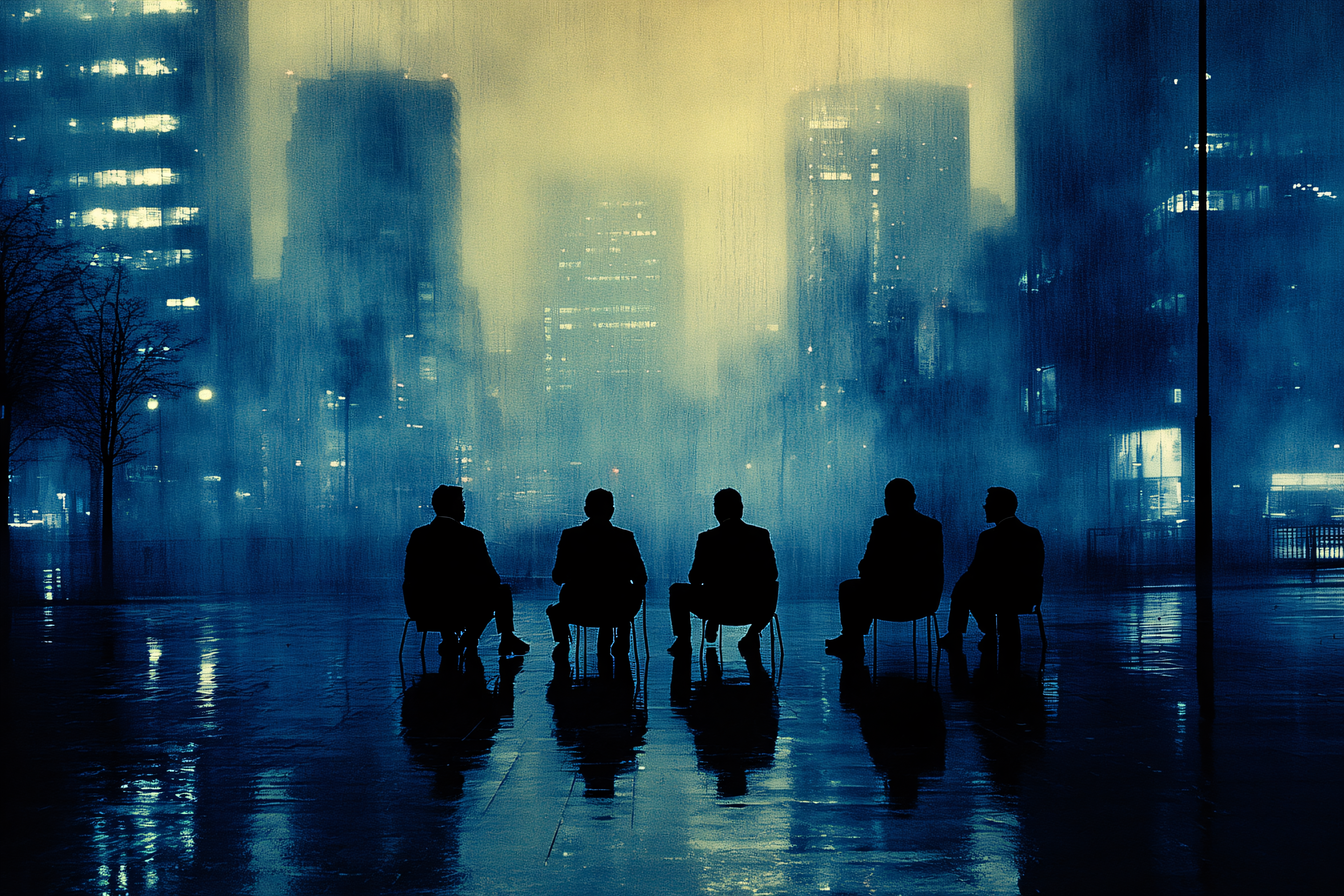 Silhouetted Figures In Rainy City