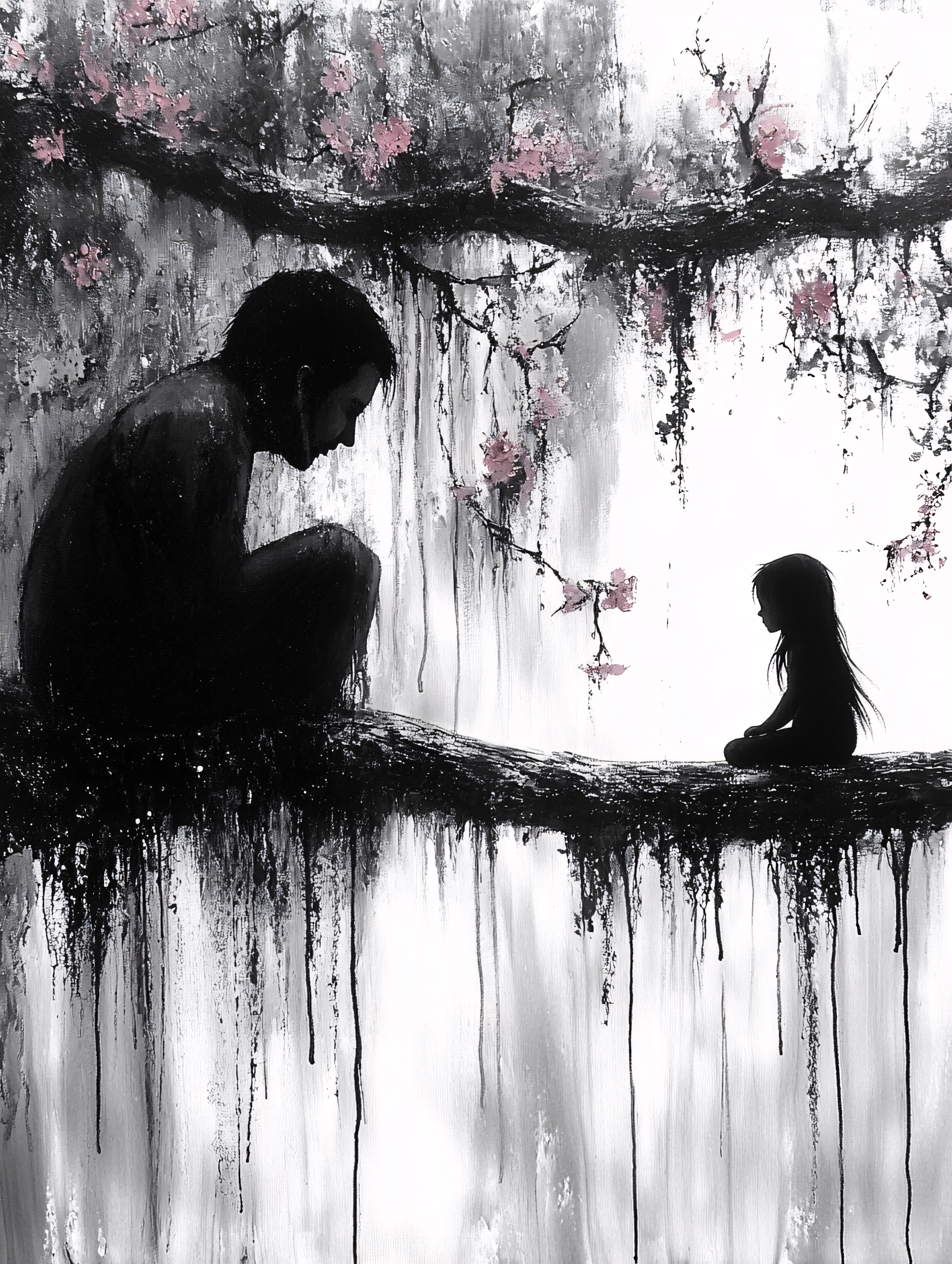 Silhouetted Figures Under Cherry Blossoms