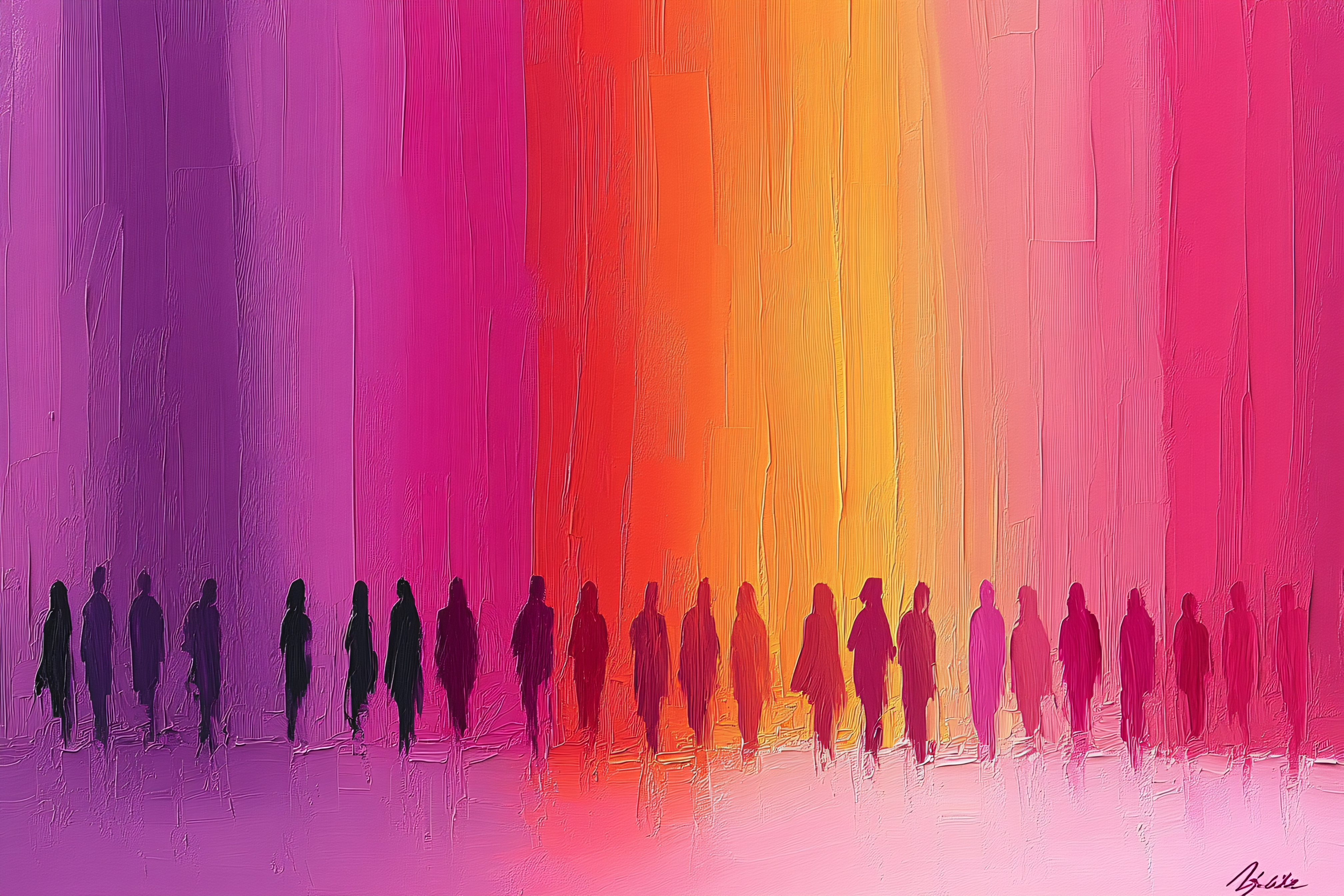 Silhouetted Figures Walking in a Spectrum of Colors