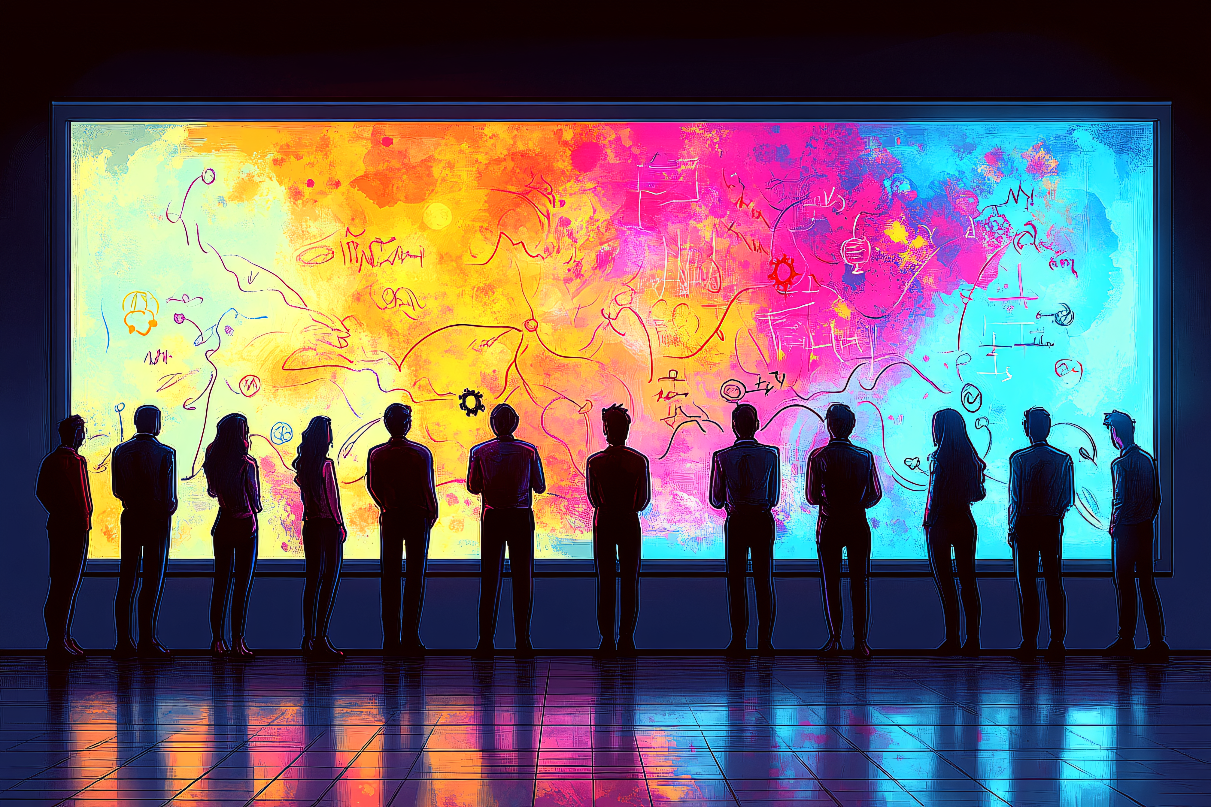 Silhouetted Group Gazing at Abstract Colorful Screen