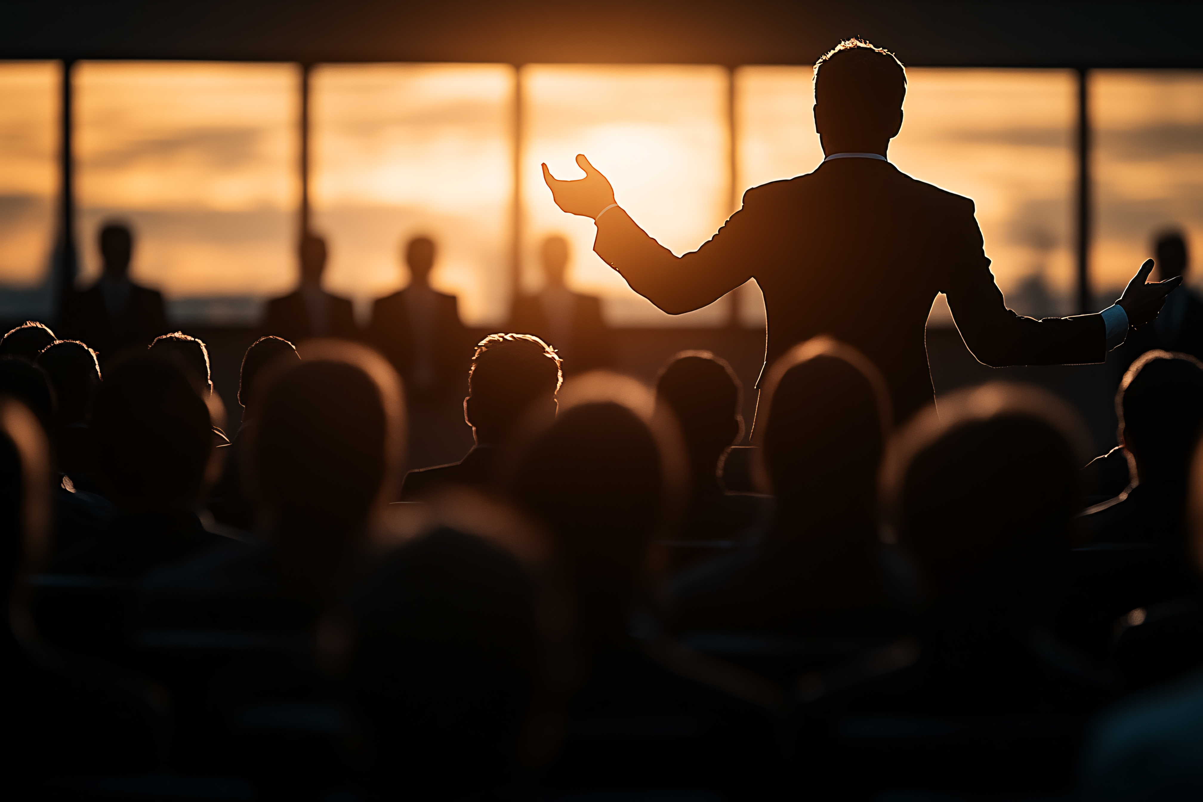 Silhouetted Speaker Addressing Audience At Sunset