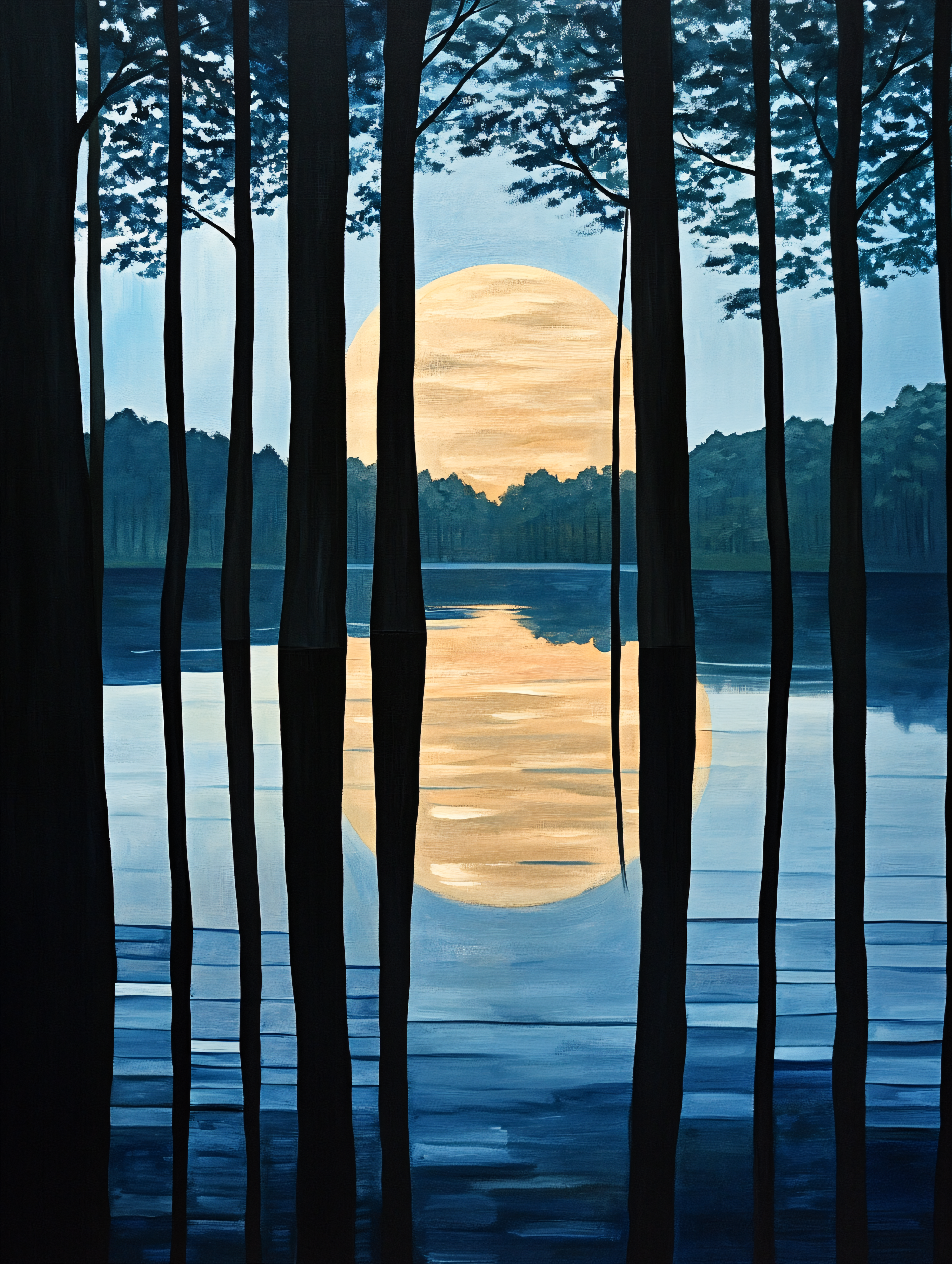 Silhouetted Trees and Moonlit Lake