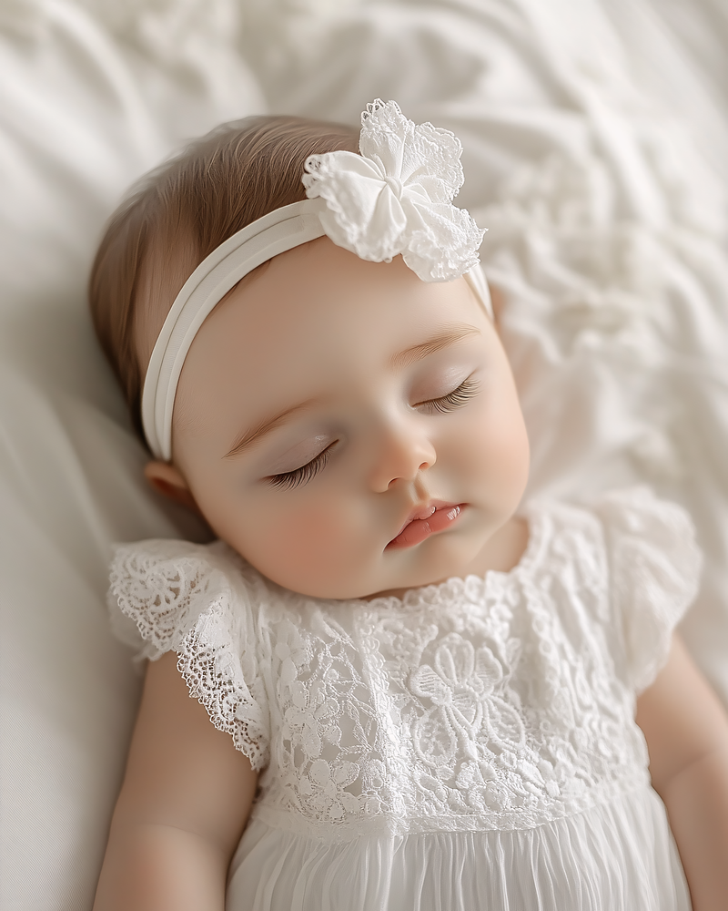 Sleeping Baby Girl In White Lace Dress