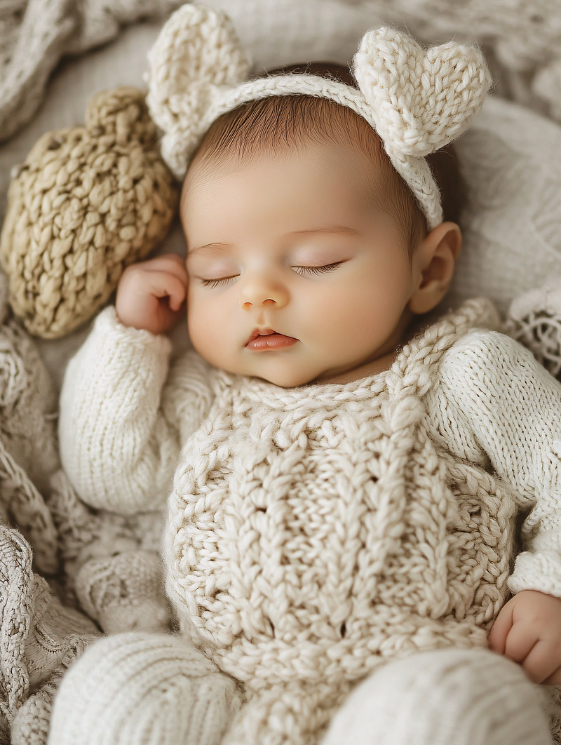Sleeping Baby In Knitted Outfit