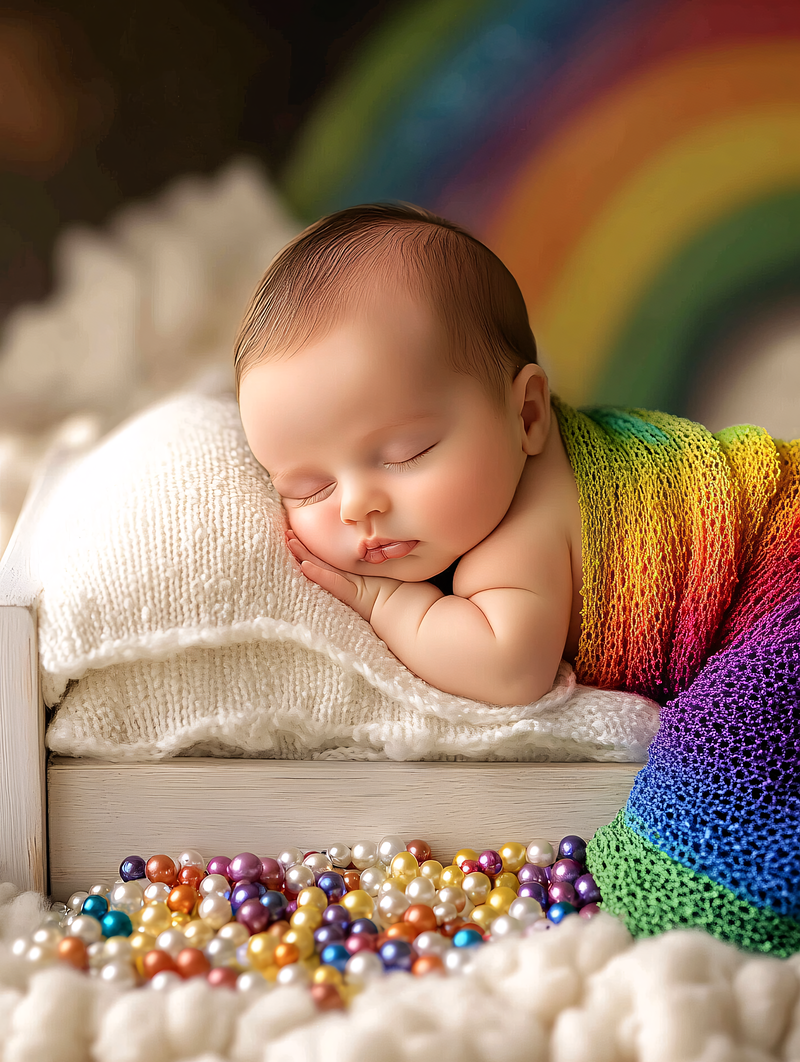 Sleeping Baby with Rainbow Blanket