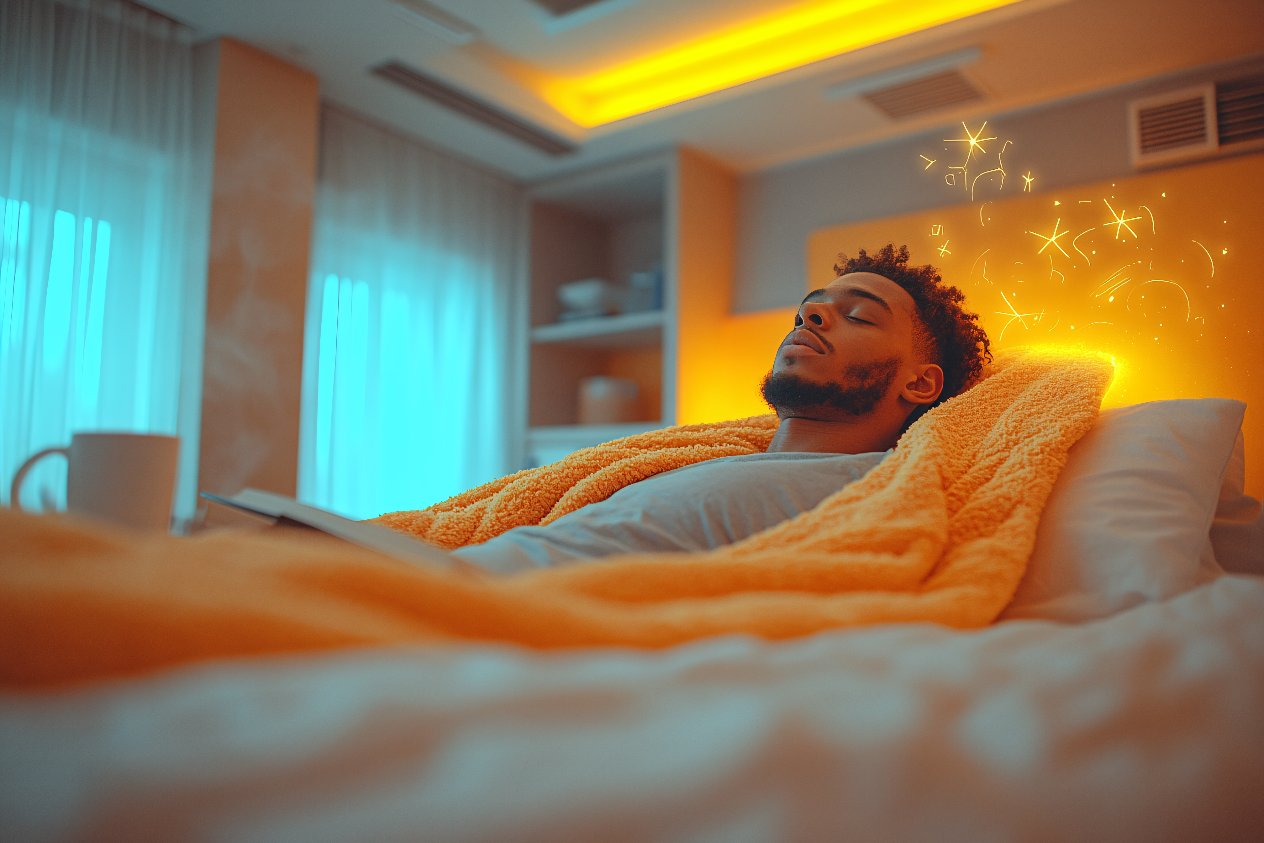 Sleeping Man in Bed with Glowing Thoughts