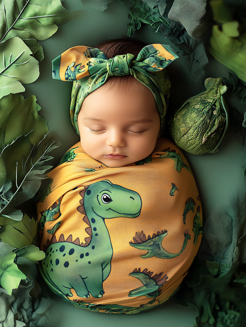 Sleepy Baby Girl In Dinosaur Wrap
