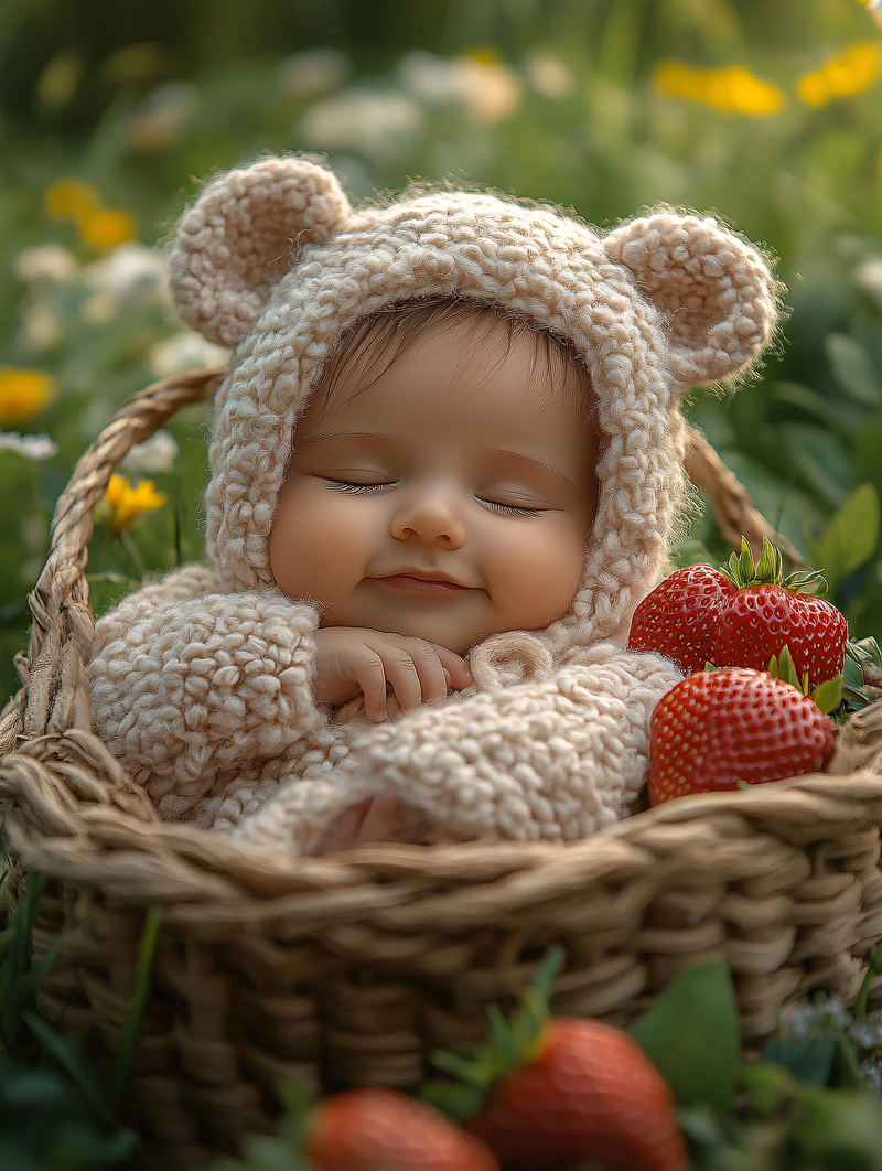 Sleepy Baby In Basket With Strawberries
