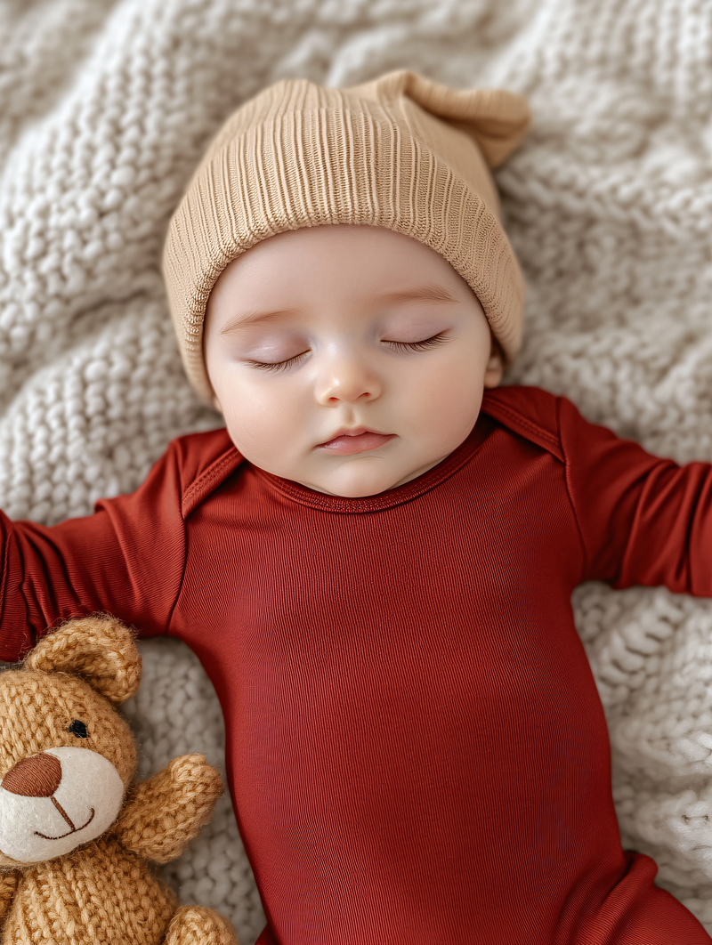 Sleepy Baby In Knitted Hat And Cozy Outfit