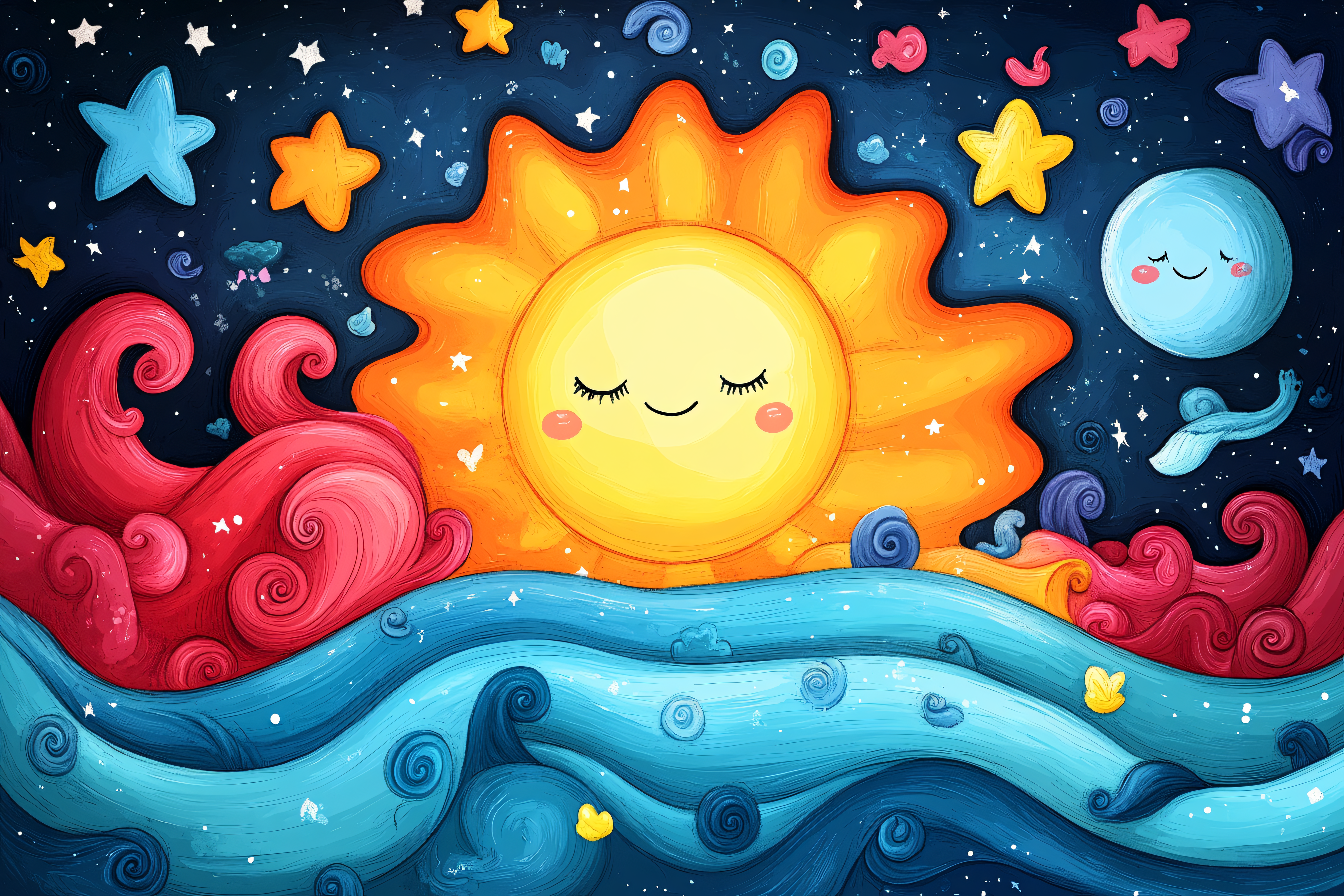 Sleepy Sun and Moon in Starry Sky