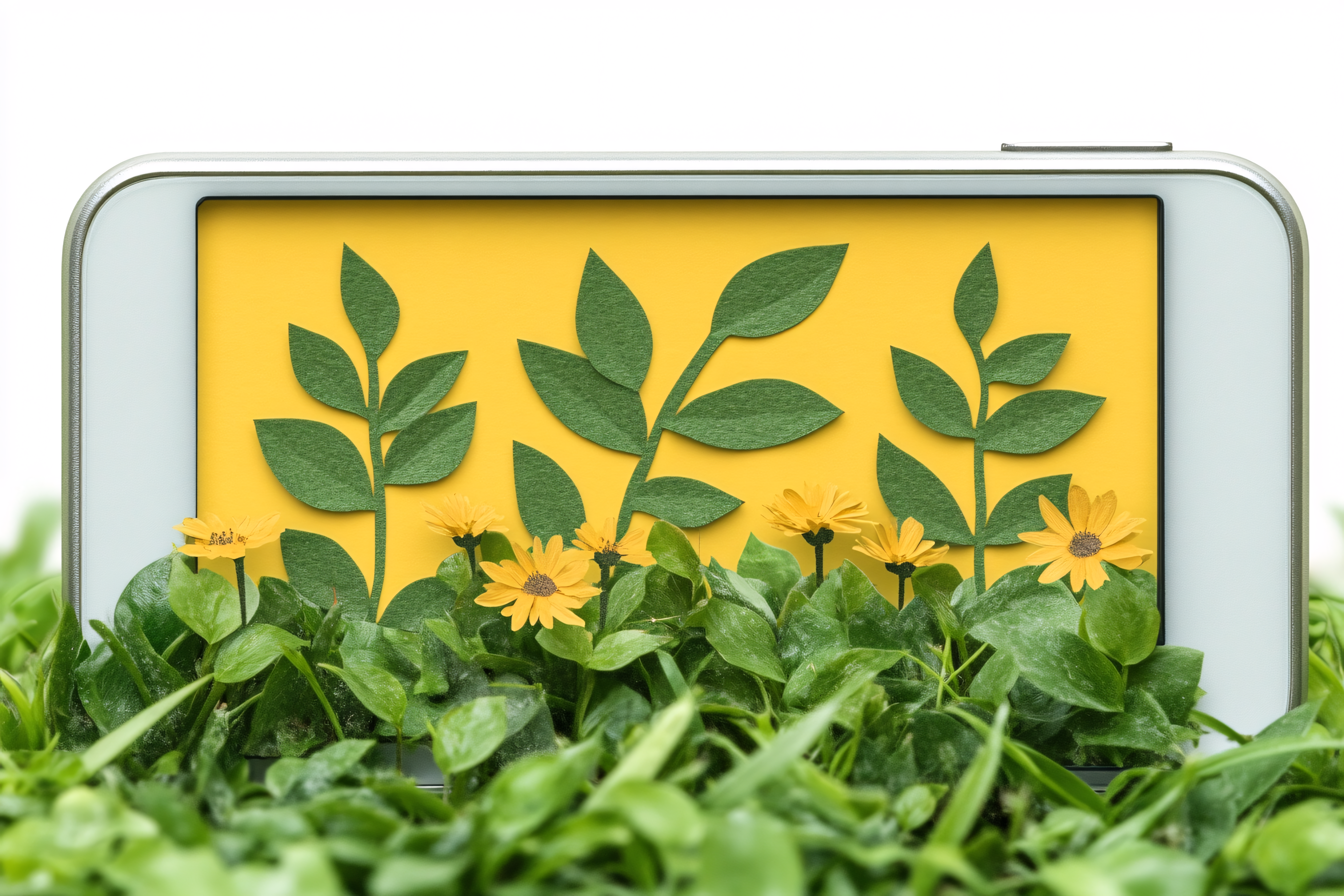 Smartphone Displaying Paper Flowers and Leaves