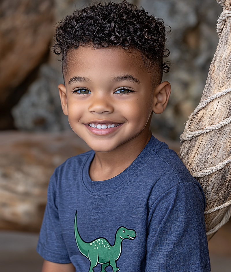 Smiling Boy with Dinosaur Shirt