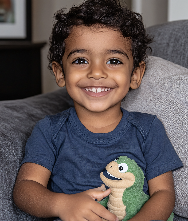 Smiling Boy with Toy Dinosaur