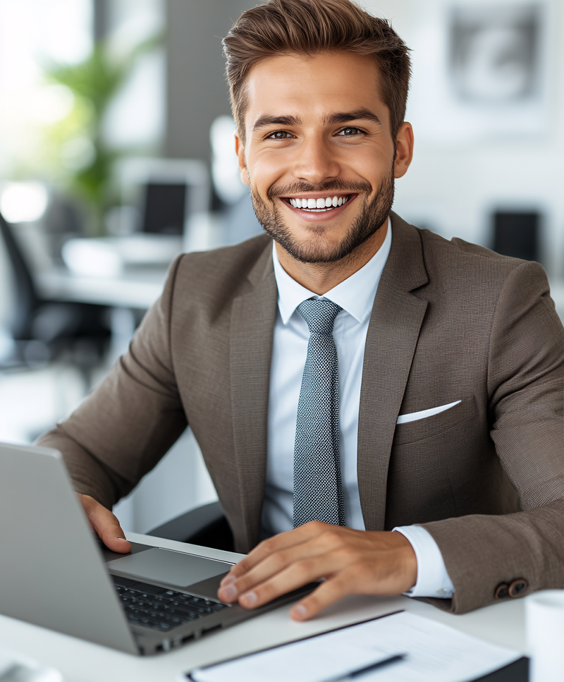 Smiling Businessman Working on Laptop