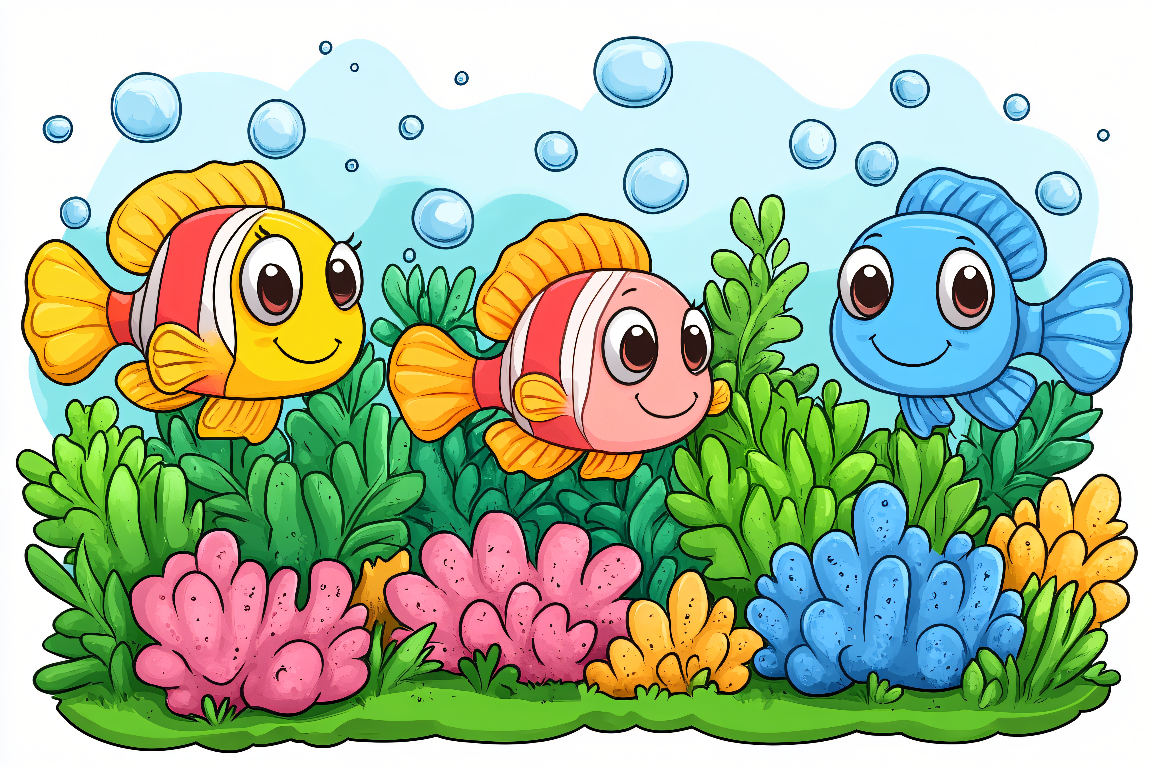 Smiling Cartoon Fishes Underwater