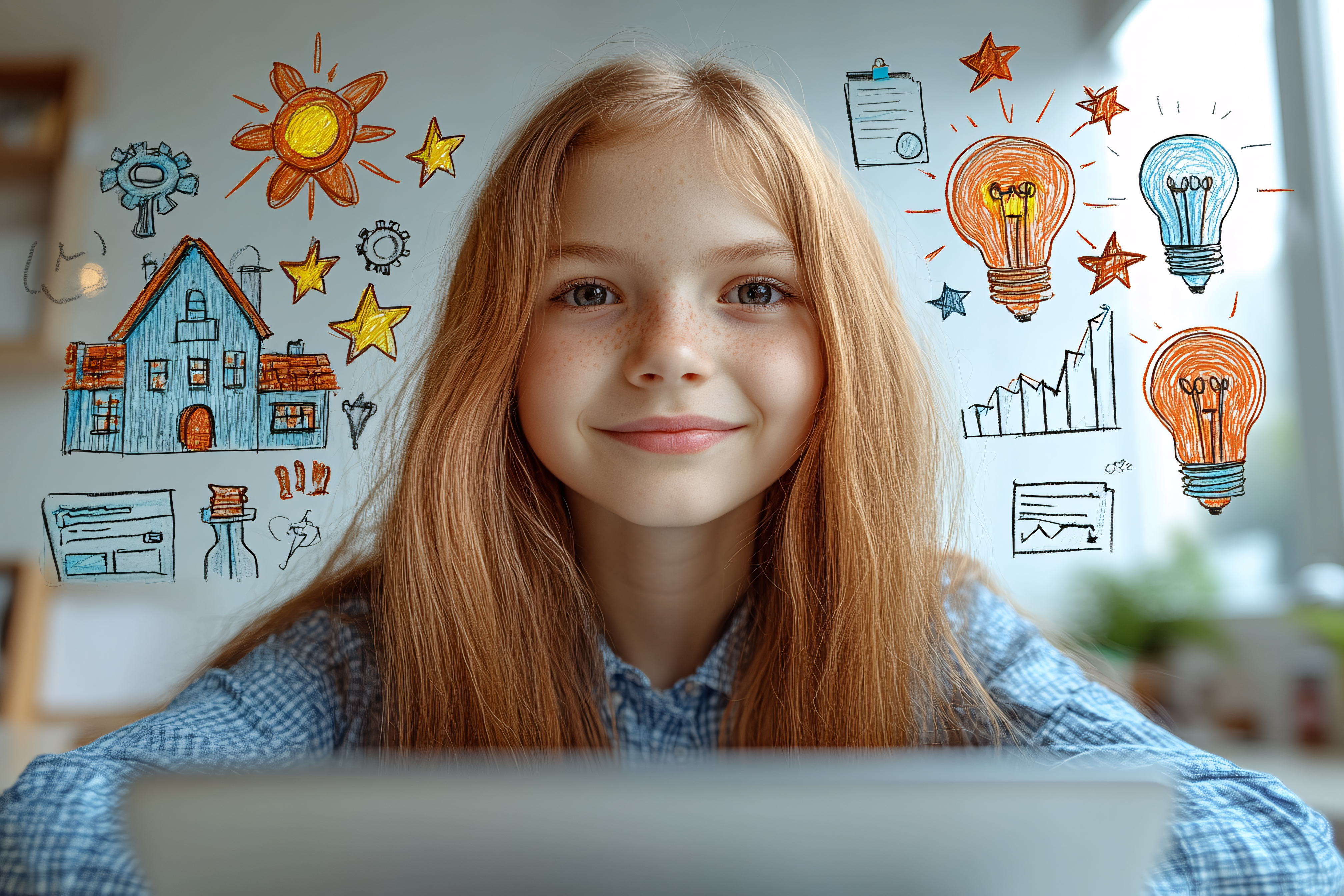 Smiling Girl Surrounded by Education Doodles