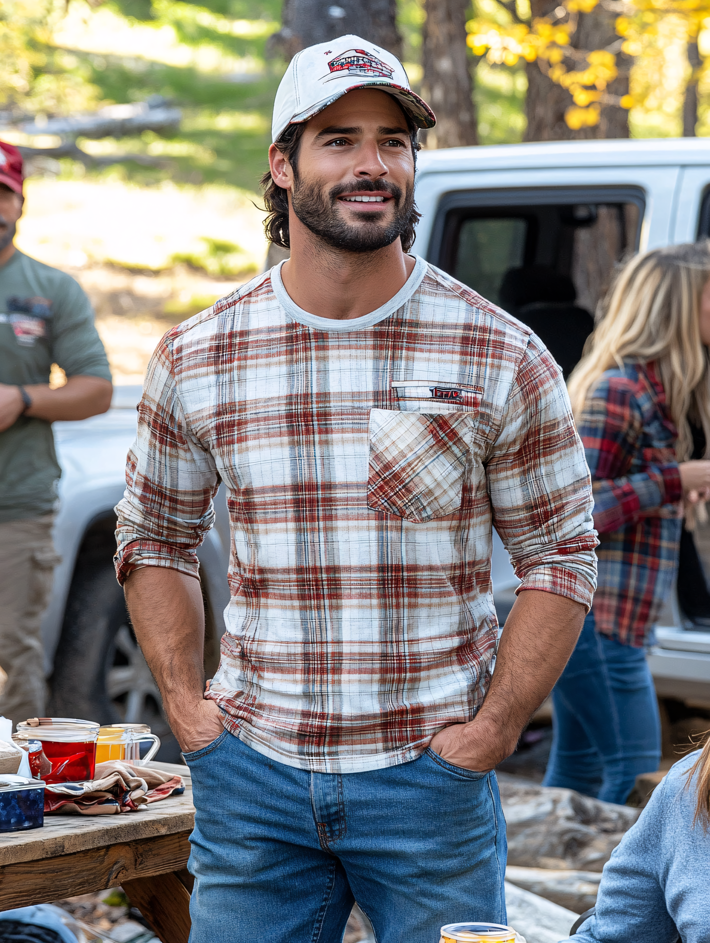 Smiling Man In Plaid Shirt Outdoors