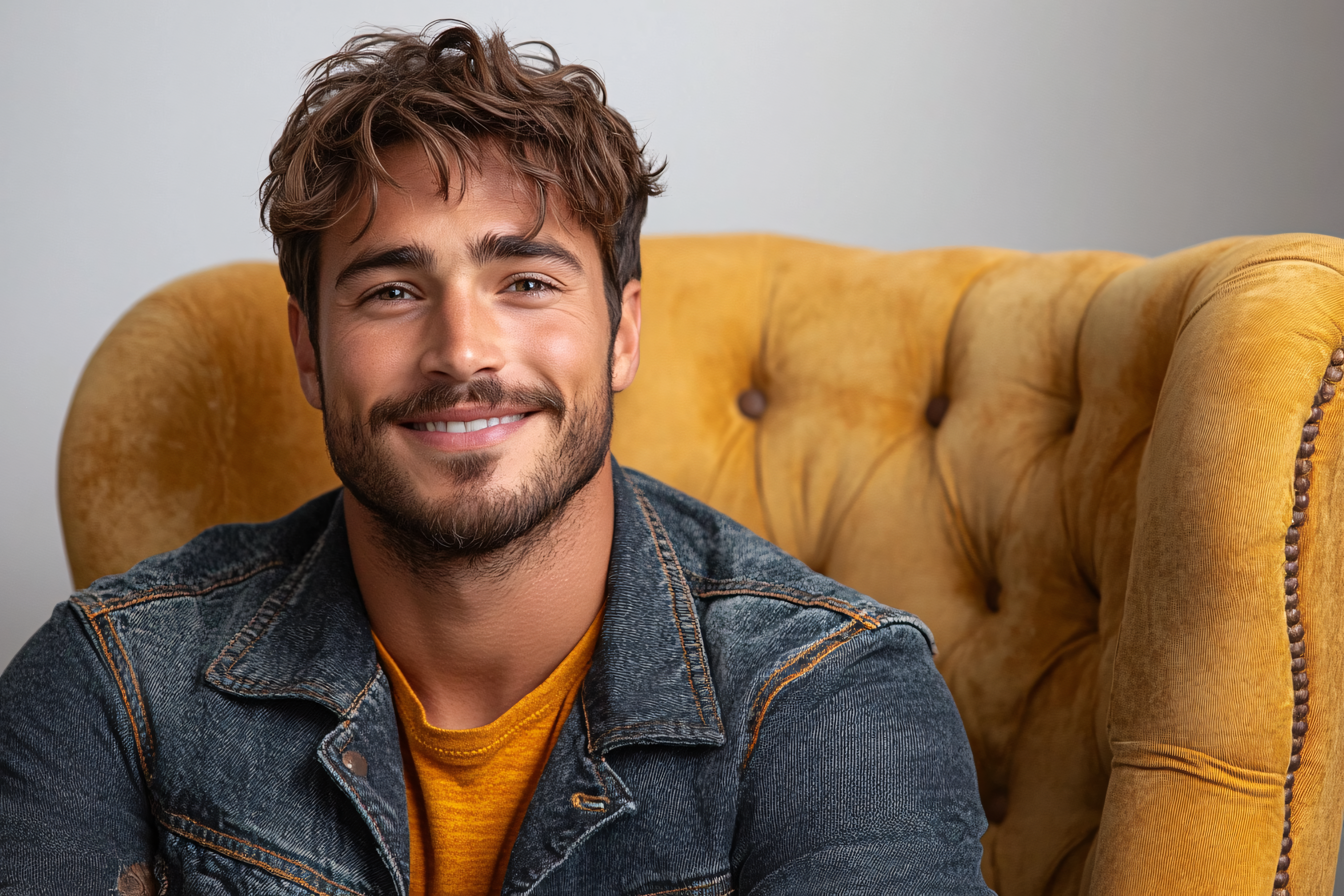 Smiling Man Sitting in Yellow Chair