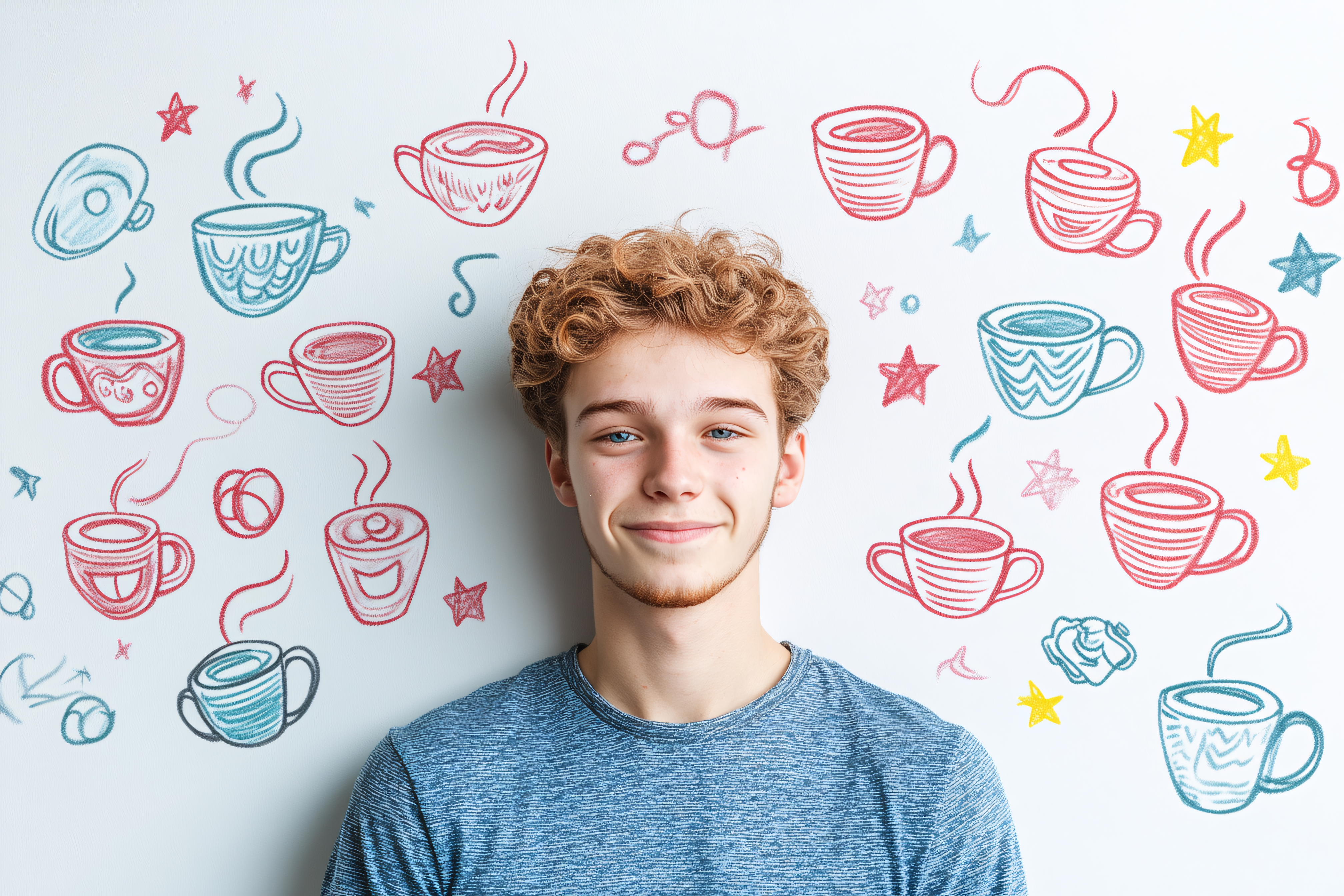 Smiling Man Surrounded By Coffee Cup Illustrations