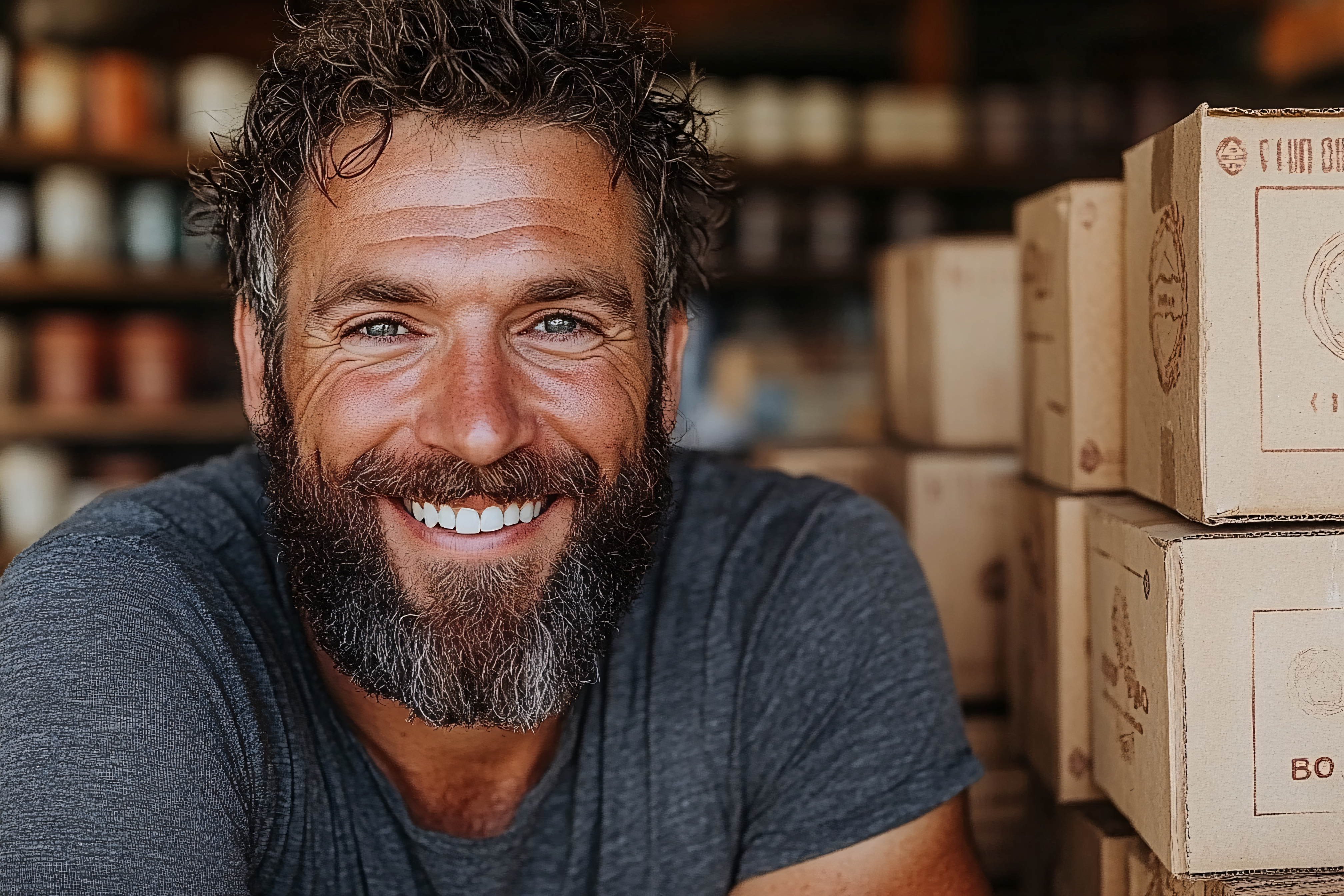 Smiling Man with Beard and Boxes
