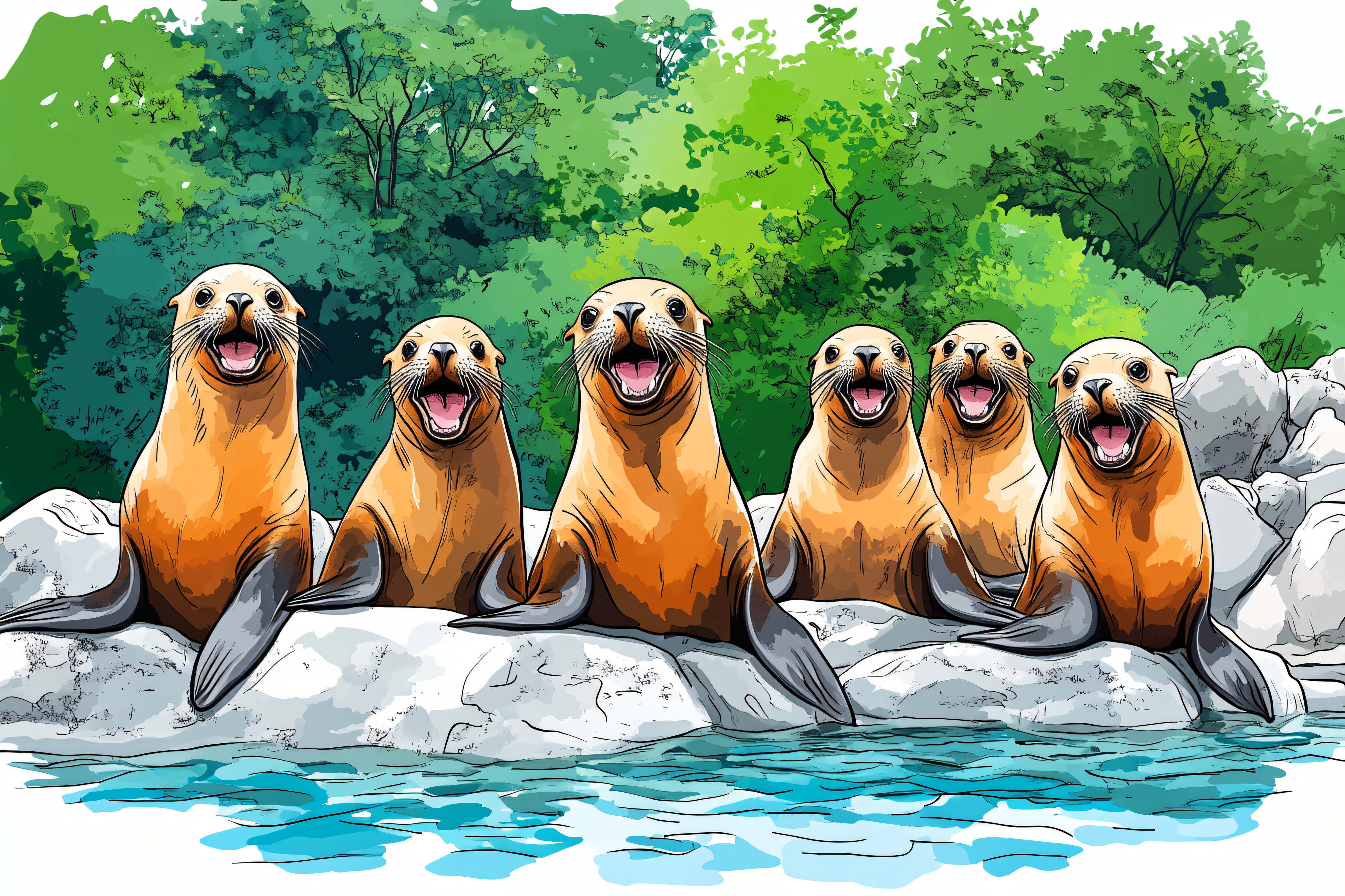 Smiling Sea Lions Group