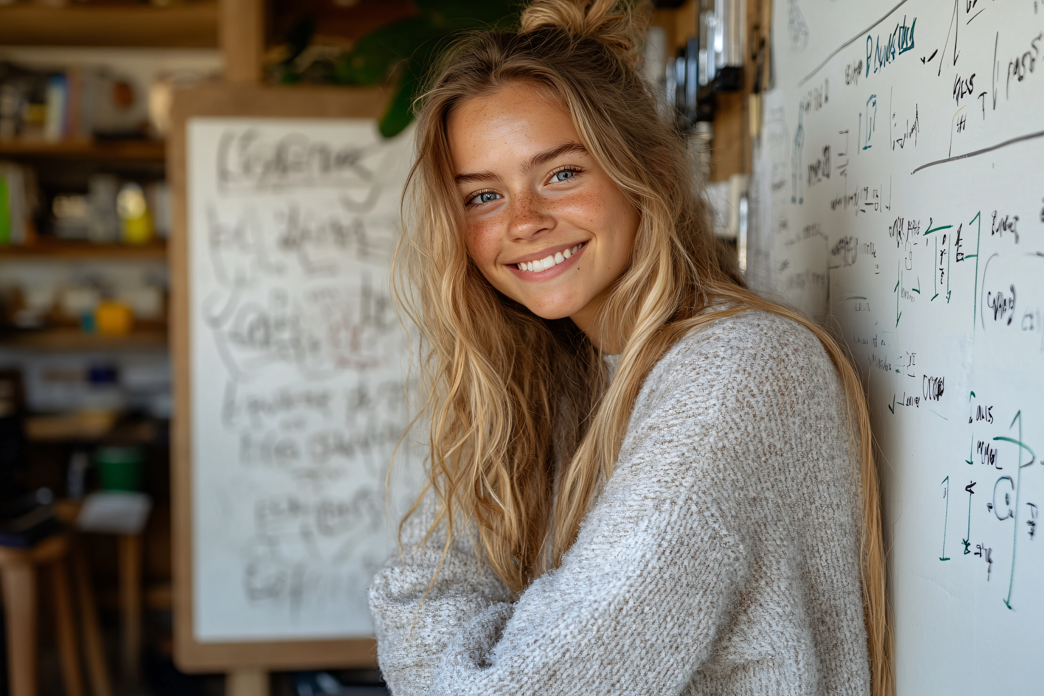 Smiling Woman Leaning Against Whiteboard