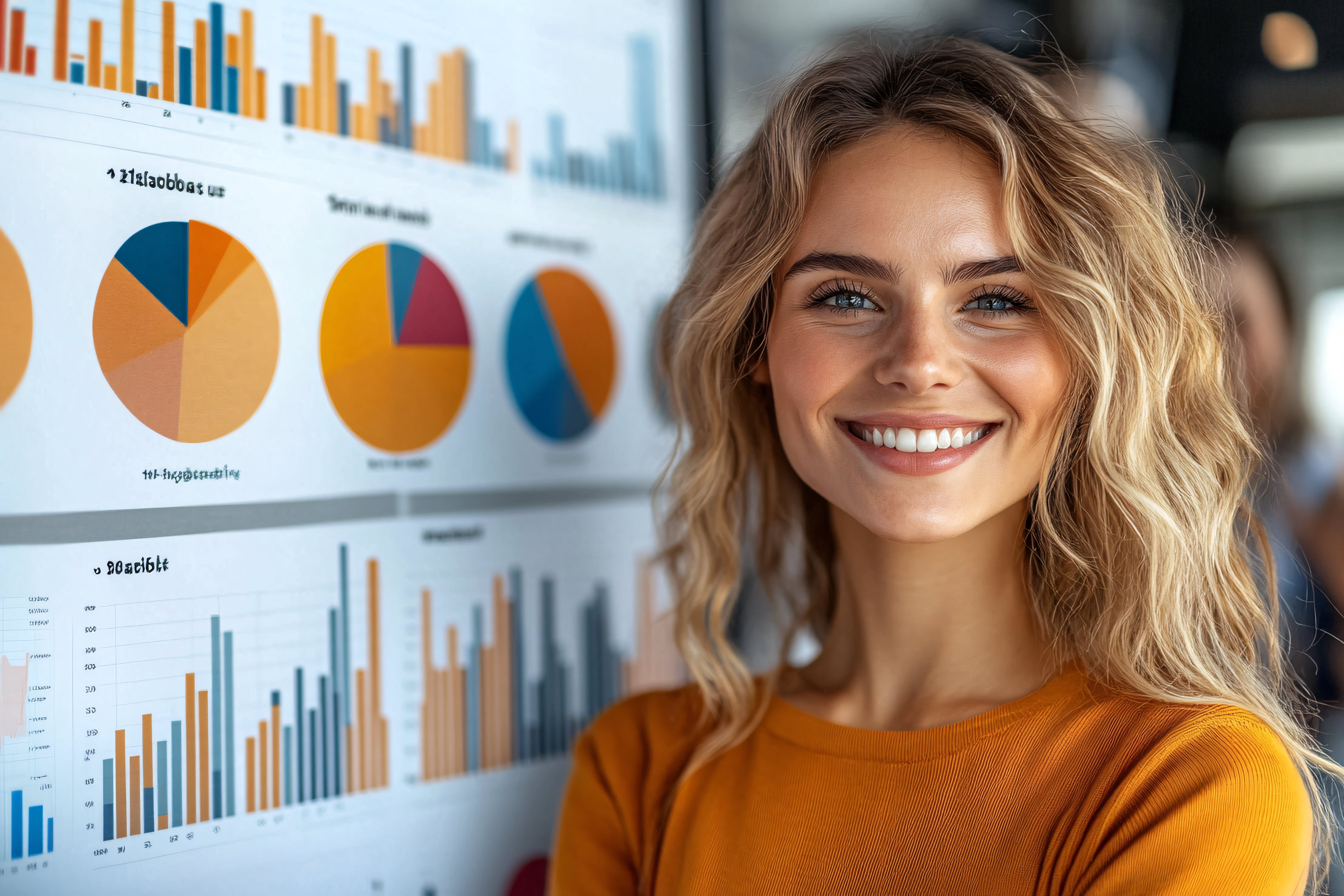 Smiling Woman Presenting Data Charts