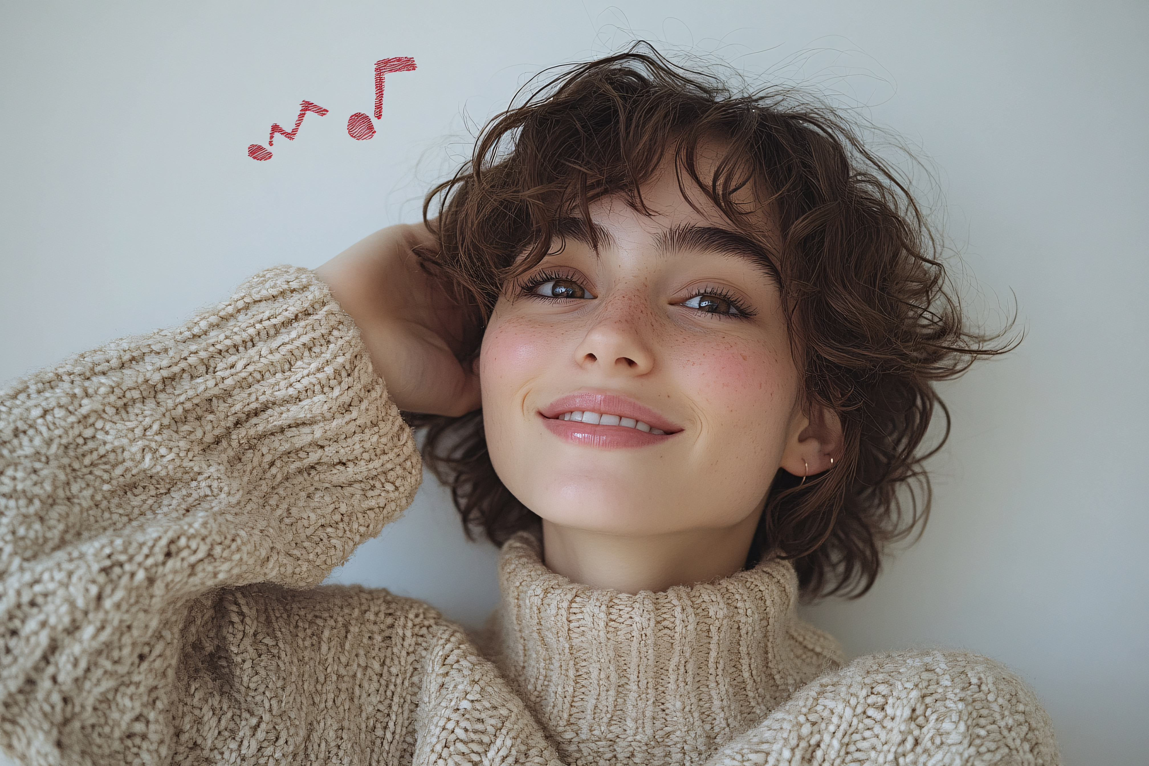 Smiling Woman with Freckles and Curly Hair