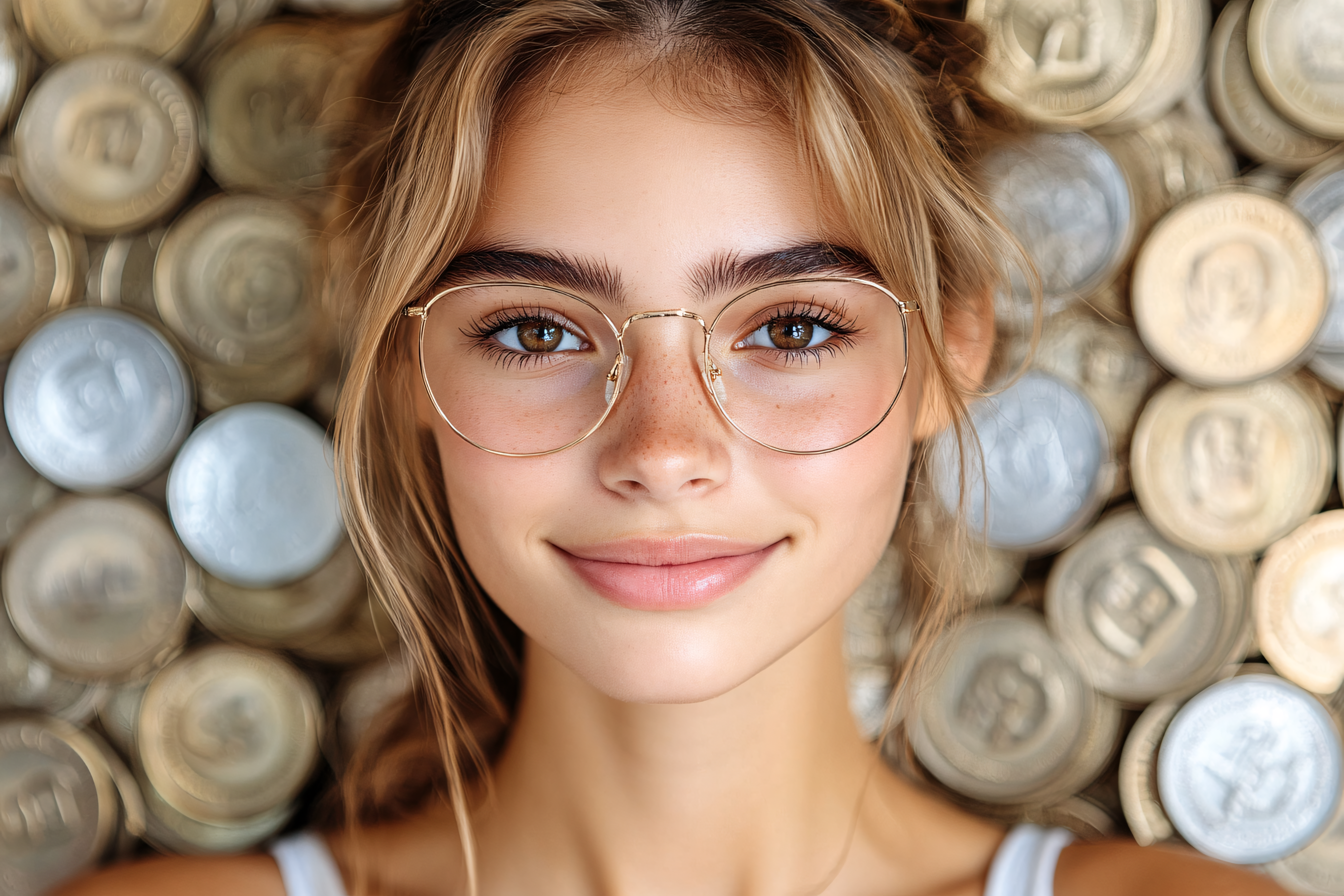 Smiling Woman with Glasses and Coin Background