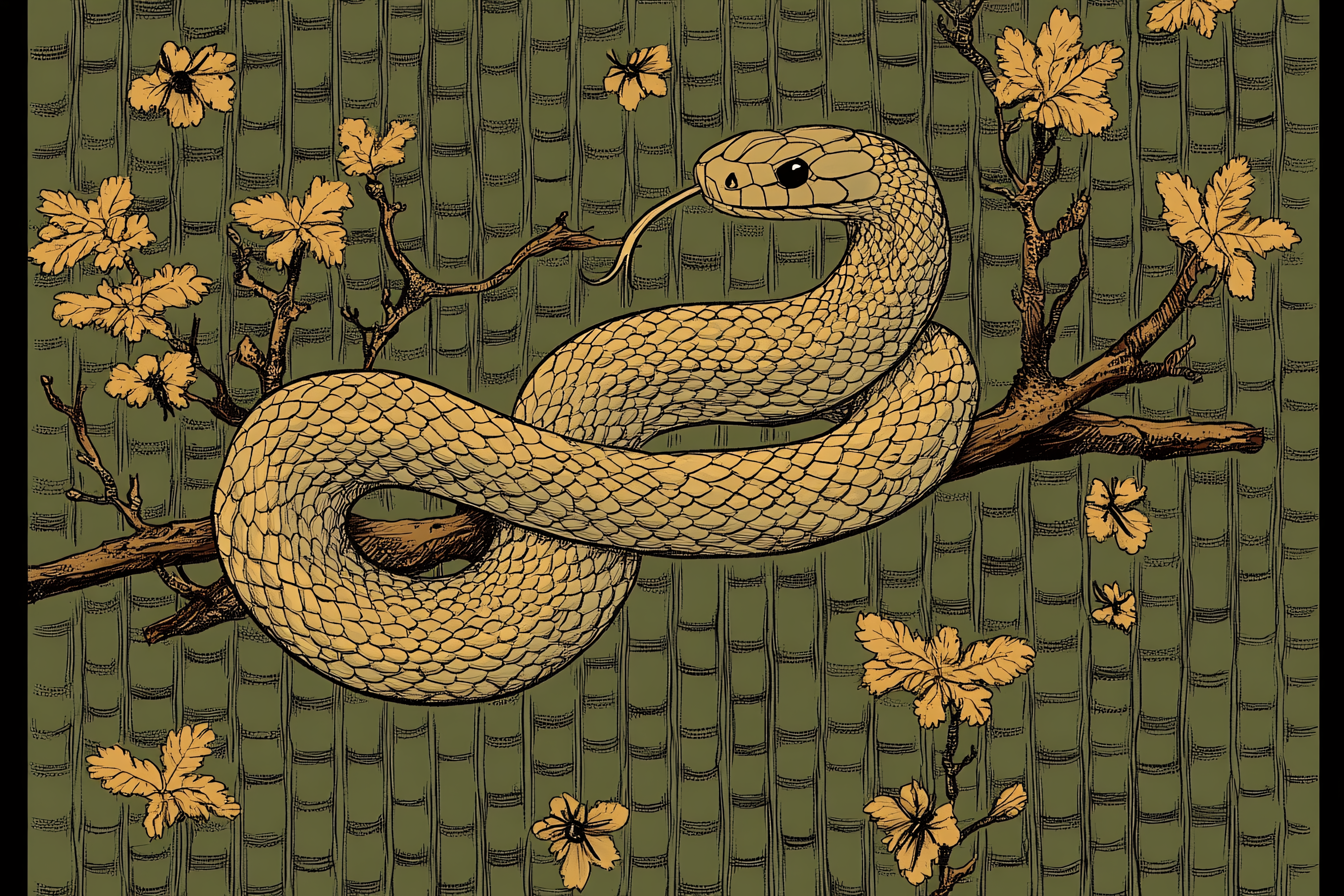 Snake Coiled on Branch with Floral Background