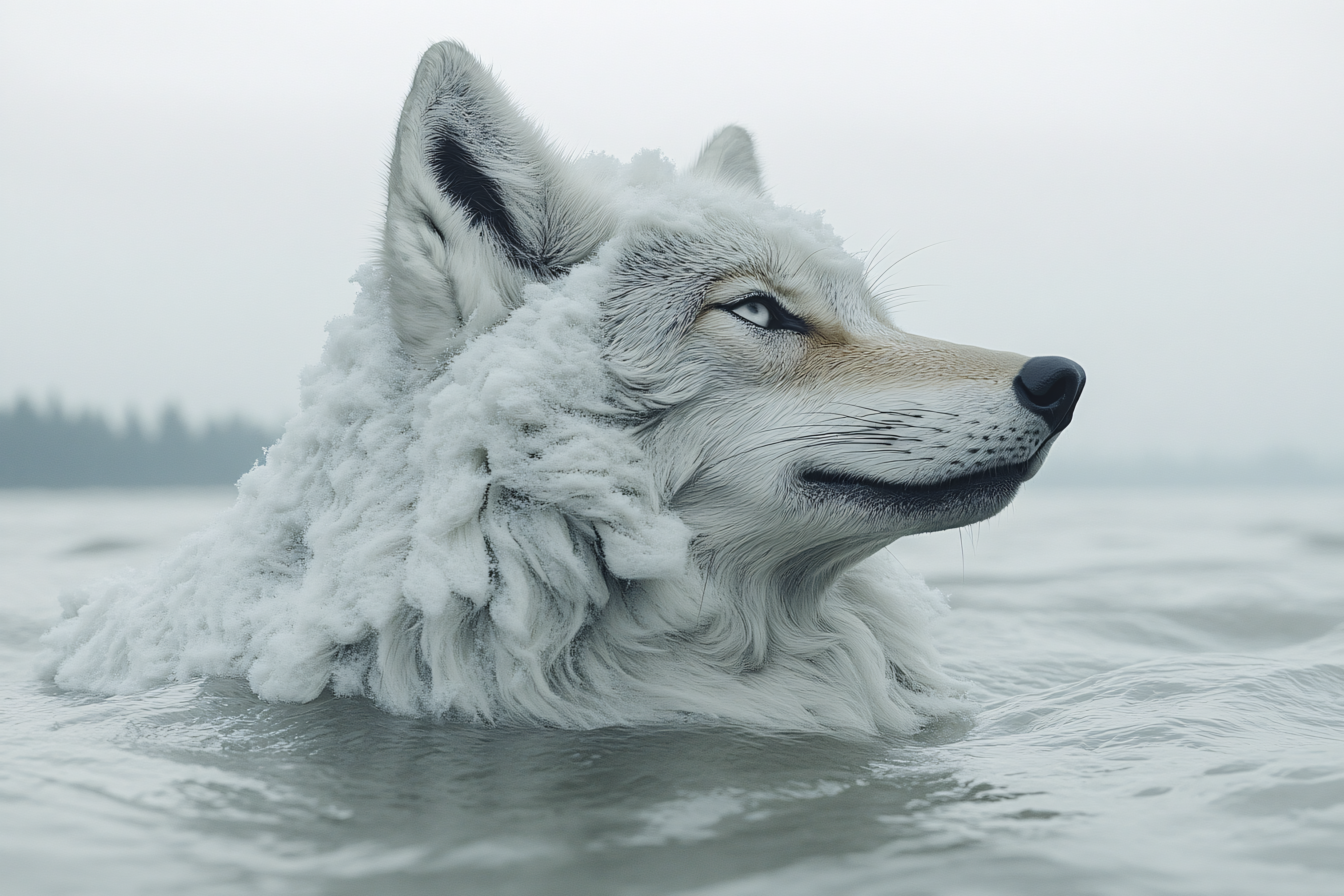 Snow Covered Wolf Emerging From Water