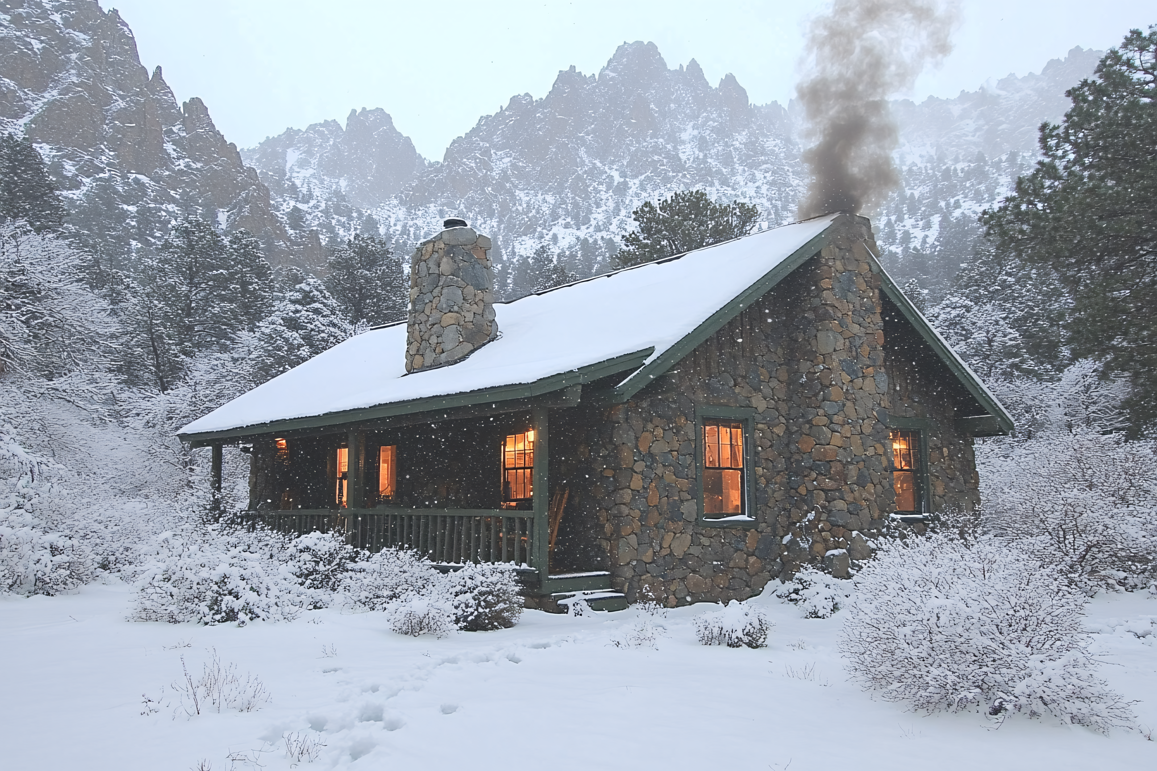 Snowy Cabin in Winter Landscape
