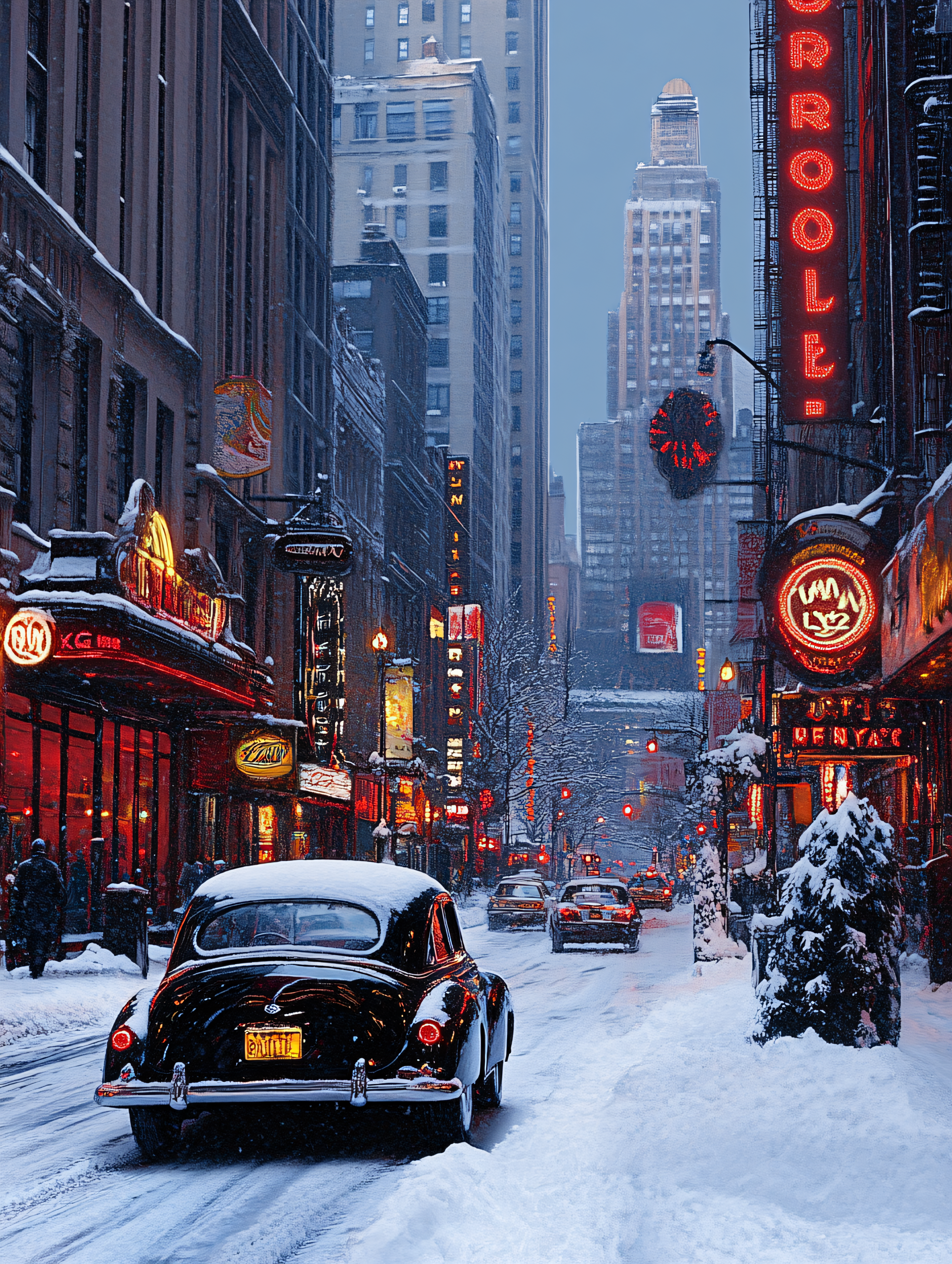 Snowy City Street at Night
