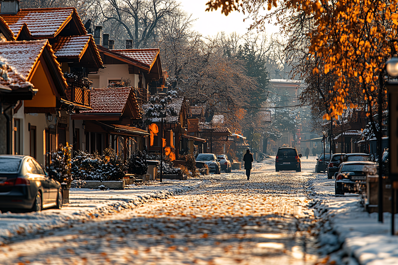 Snowy Cobblestone Street with Autumnal Trees