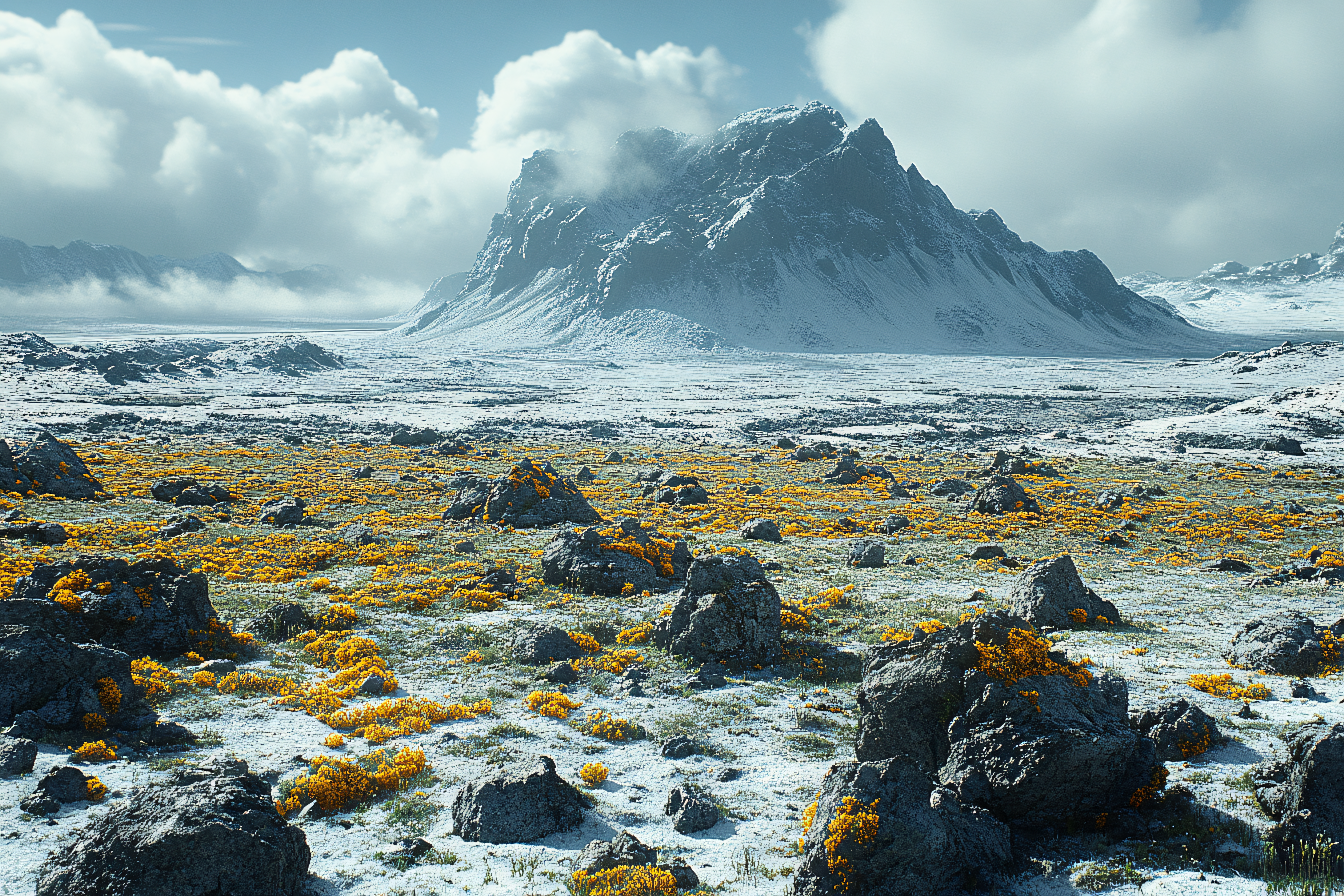 Snowy Mountain Landscape with Mossy Rocks